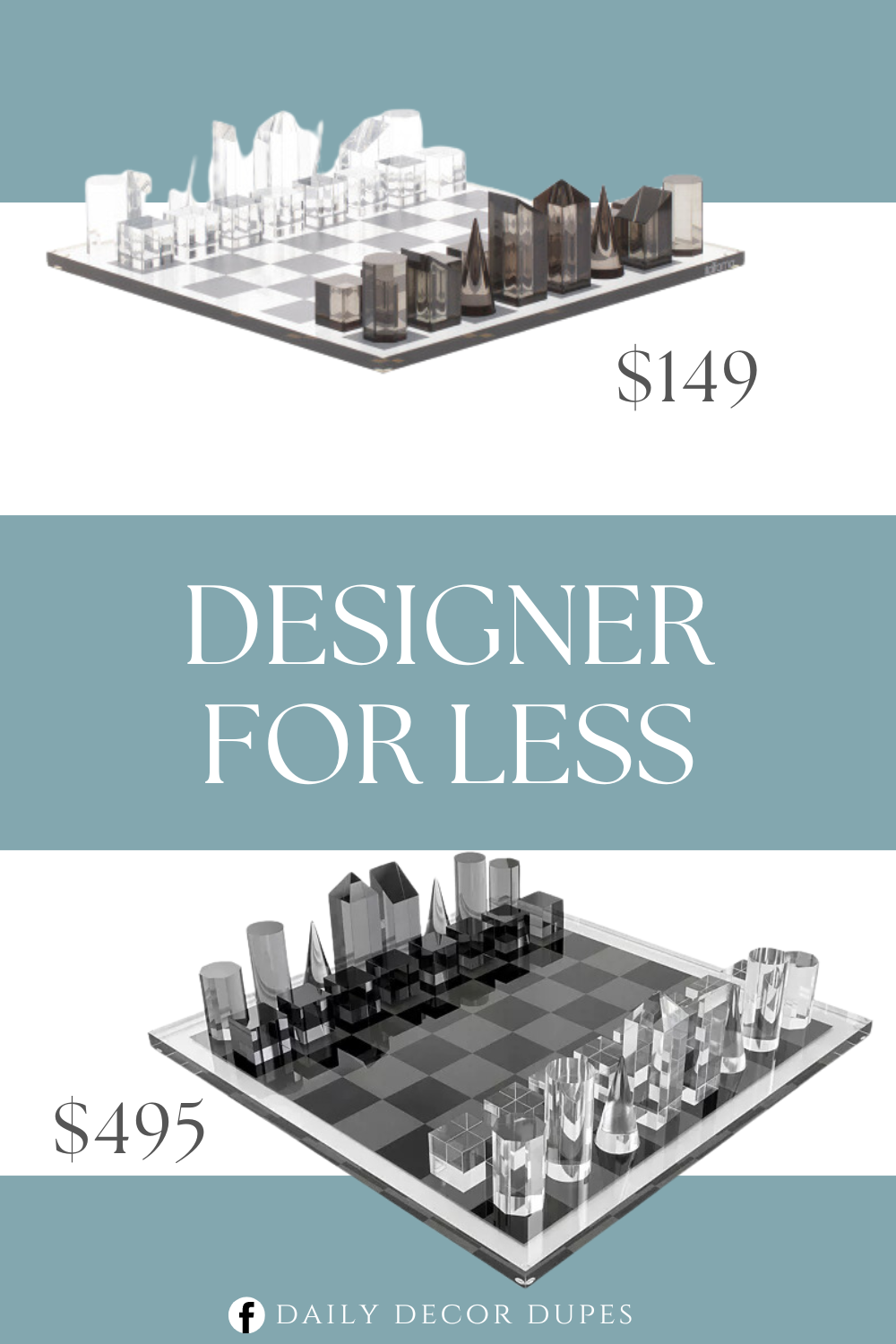 Chess Set for Less. Acrylic chess set. clear board and pieces. Set includes 32 Lucite chess pieces (16 clear and 16 smoke-tone), one Lucite board. Dimensions: 17"L x 17"W x 0.63"H (tray).