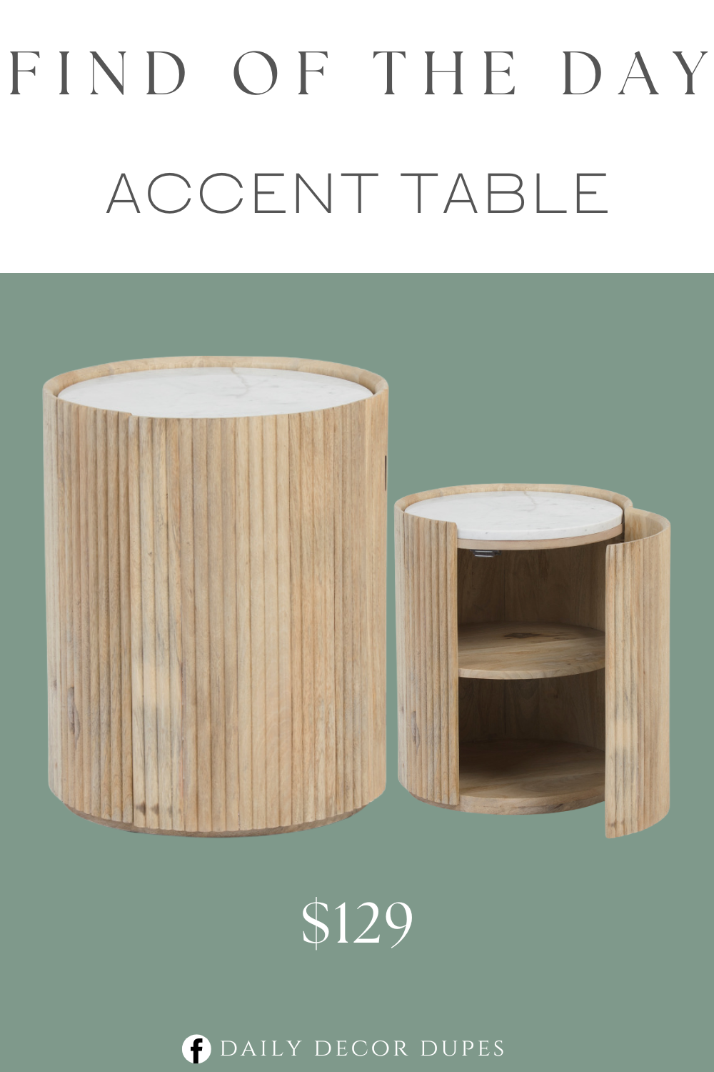 Find of the Day Accent Table. marble tabletop, fluted style, 2 shelves for ample storage.