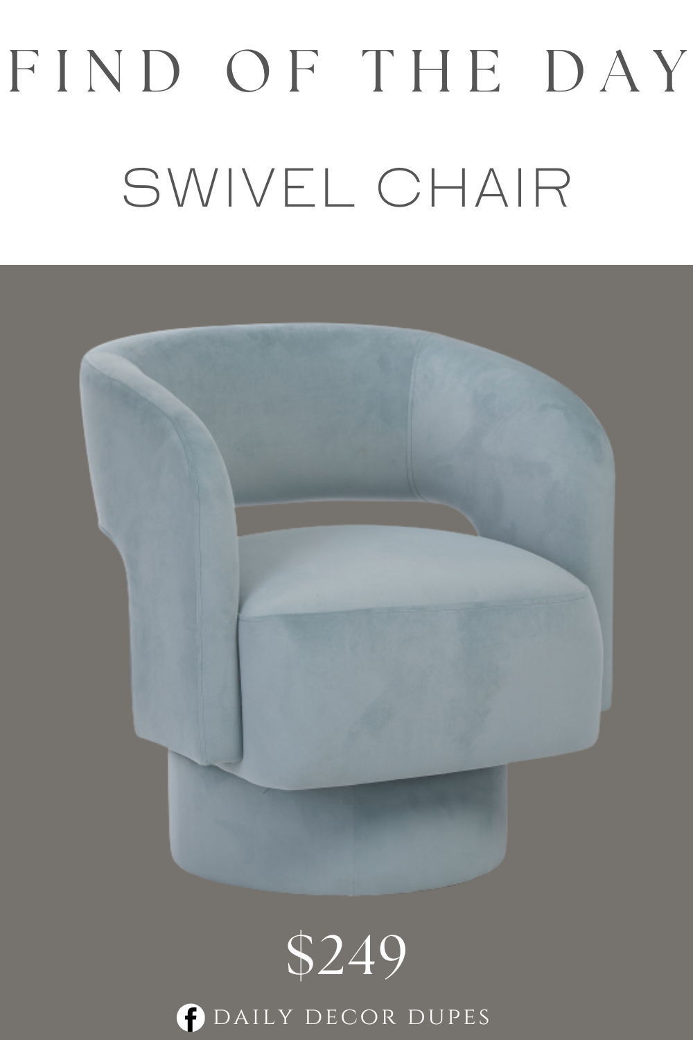 Find of the Day Sutton Velvet Swivel Chair. velvet texture, 360 degree swivel, cut out back detail, cushioned back and seat, curved back. Filled with polyurethane foam. Overall dimension 26in W, 29in H, 21.5in L, legs: 13in H.