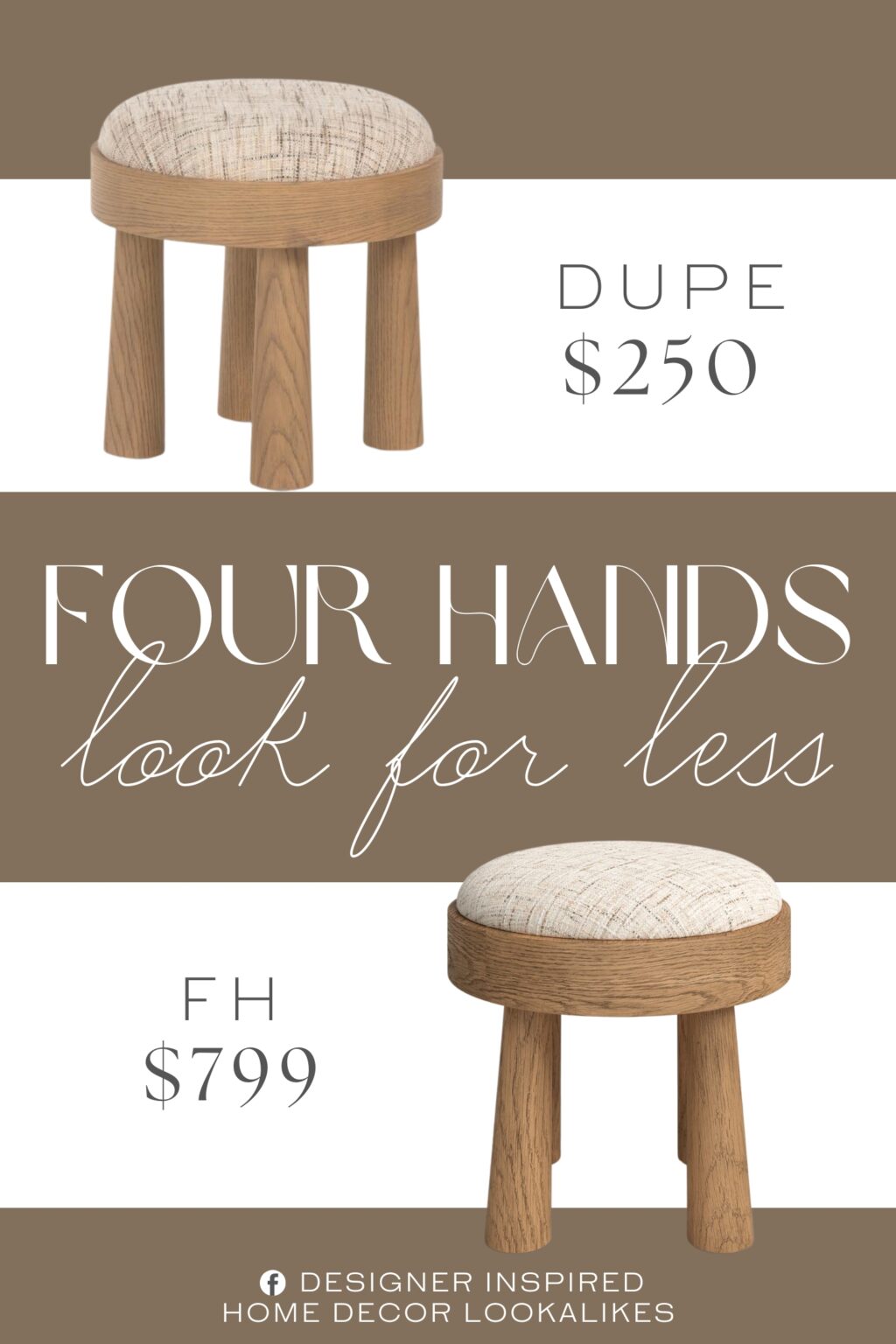 Four Hands Louise Upholstered Accent Stool Dupe. upholstered, padded top. Oak finish.