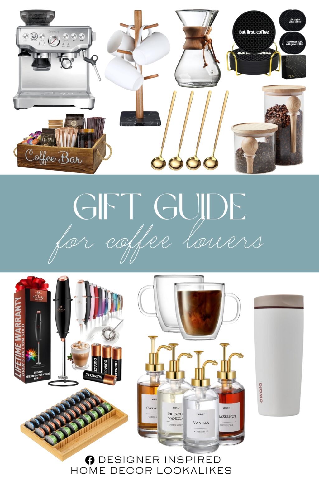 Gift Guide for Coffee Lovers. Zulay Powerful Milk Frother. Breville Barista Express® Espresso Machine. JoyJolt Savor Double Wall Insulated Glasses. 4 PCS 6.7 Inches Coffee/ Tea Spoons. Coffee Syrup Dispenser. Hold Everything Coffee & Tea Stackable Canisters. Buruis Wood Mug Holder. MinBoo Bamboo Coffee Pod Storage Holder. Coffee Coasters Set of 6. Owala SmoothSip Slider Insulated Stainless Steel Coffee Tumbler. Chemex 8-Cup Classic Series Glass Coffeemaker. QUALLON Coffee Station Organizer.