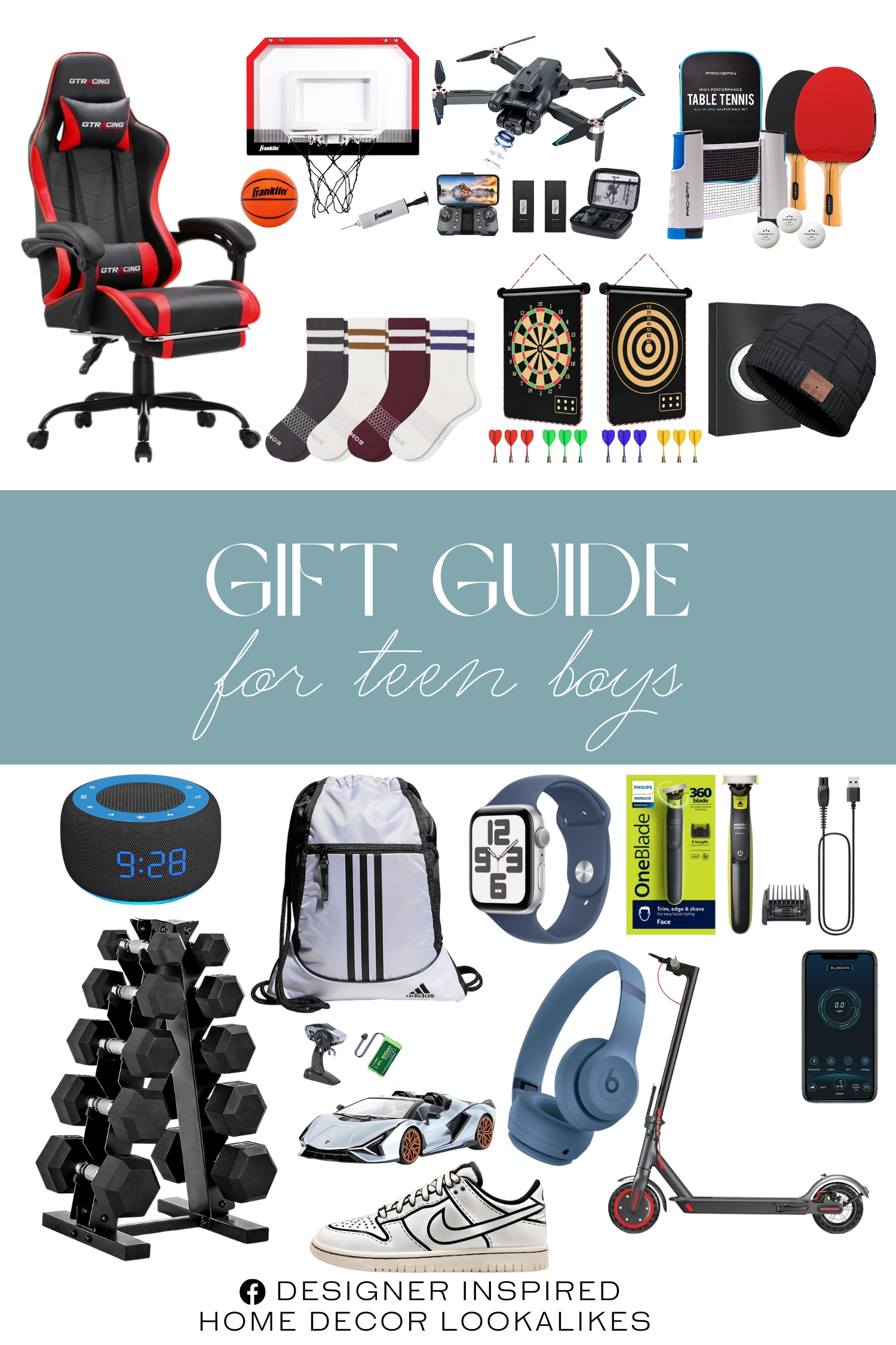 Gift Guide for Teen Boys. Gaming Chair with Adjustable Pillows and Footrest. Apple Watch SE (2nd Gen) [GPS 44mm] Smartwatch. Foldable Electric Scooter. Men's Vintage Stripes Half Calf Sock 4-Pack. CAP Barbell Rubber Coated Dumbbell. Sound Machine & Alarm Clock 2-in-1. AUOSHI 4K FPV Drone with Dual Camera & Brushless Motor. All-in-One Portable Ping Pong Set with Retractable Net. Face Hybrid Electric Trimmer and Shaver. Beats Solo 4 Bluetooth Wireless On-Ear Headphones. Mixi Magnetic Dart Board Outdoor Game. MIEBELY Lamborghini Remote Control Car. Nike Dunk Low x LEGO® Collection. Apple Watch SE Smartwatch. Bluetooth Beanie Hat. adidas Alliance Sackpack.