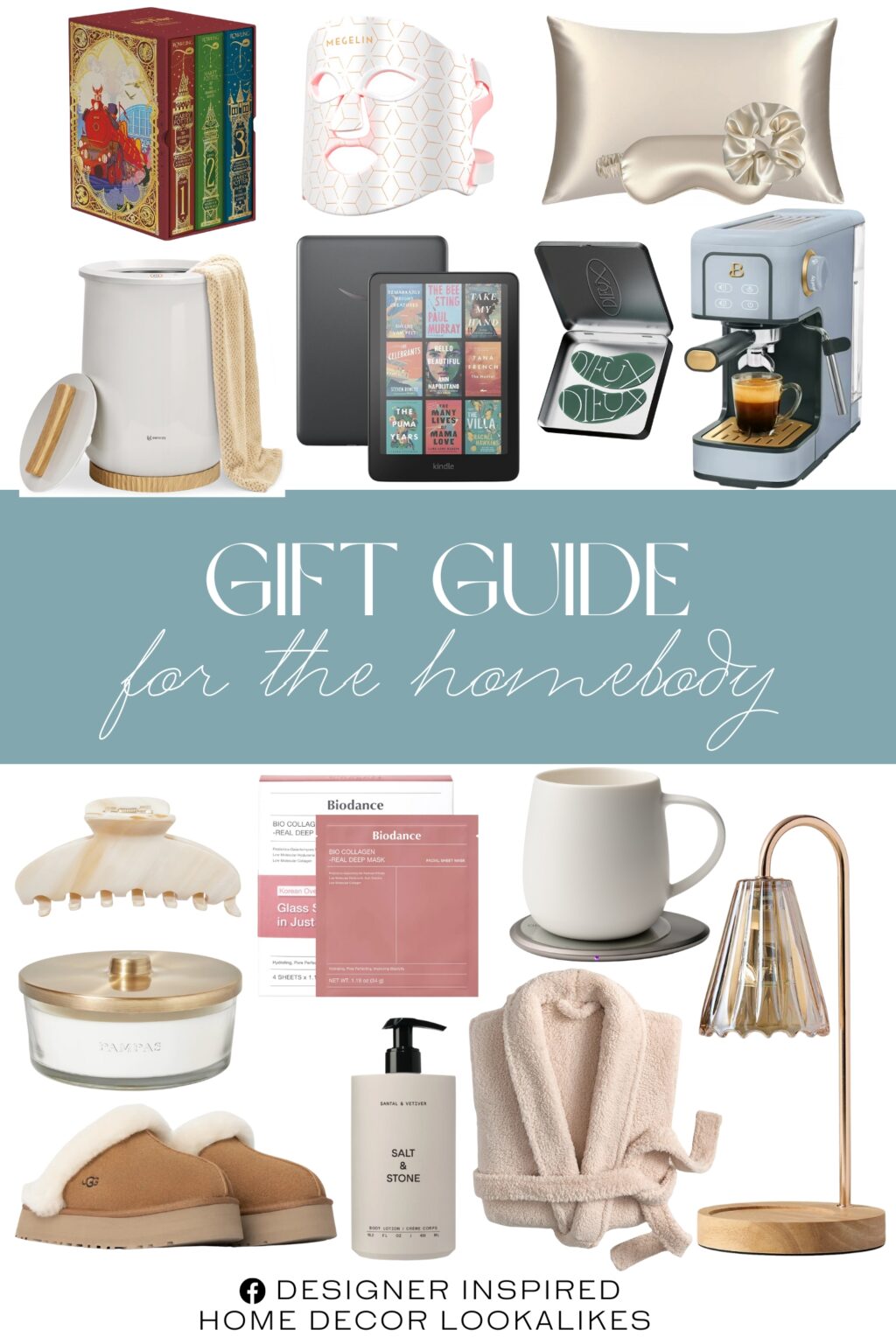 Gift Guide for the Homebody. Espresso Machine with 20-Bar Pressure. Harry Potter Books 1-3 Boxed Set. Vegan Silk Sleep Set. Forever Eye Mask Reusable 100% Silicone Patches. Keenray Towel Warmers. 5-Wick Clear Glass Pampas Knob-Lid Jar Candle. MEGELIN Led Red Light Therapy Face & Neck Mask. Amber Bloom Candle Warmer Lamp. Ohom Ui 3 Self-Heating Mug Set. Big Effing Clip. Body Lotion. Bio Collagen Real Deep Mask for Pore Minimizing & Firming Care. Cozy Comfort Robe. Women's Disquette. Amazon Kindle.