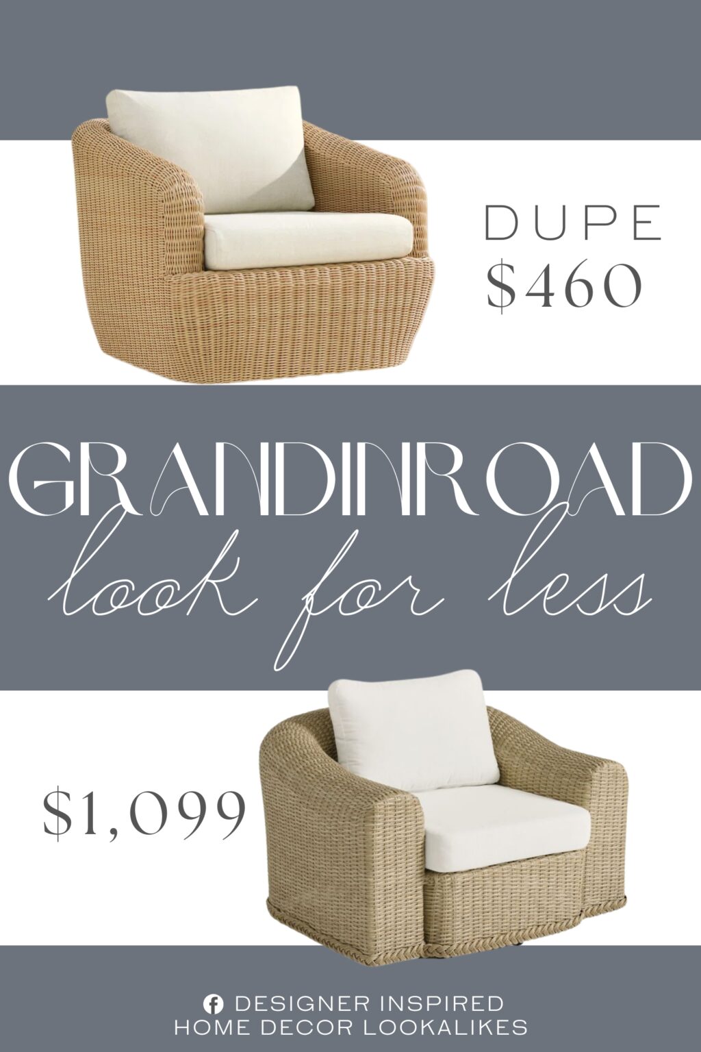 Grandinroad Rosalie Outdoor Swivel Lounge Chair Dupe. this chair features a casual and relaxing look. Low-profile silhouettes are meticulously handwoven by skilled artisans with all-weather resin wicker and power-coated heavy-duty steel frame.