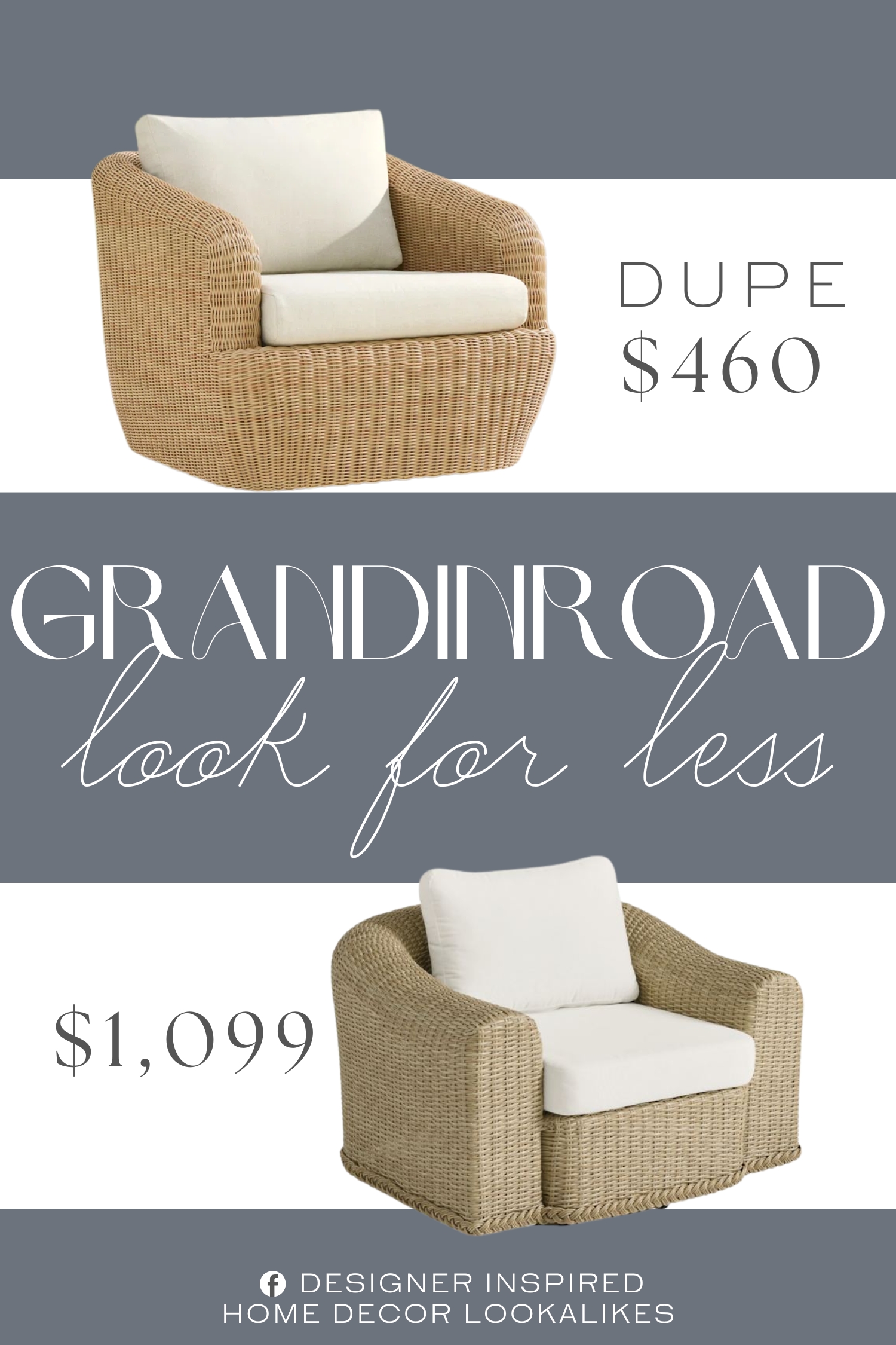 Grandinroad Rosalie Outdoor Swivel Lounge Chair Dupe. this chair features a casual and relaxing look. Low-profile silhouettes are meticulously handwoven by skilled artisans with all-weather resin wicker and power-coated heavy-duty steel frame.