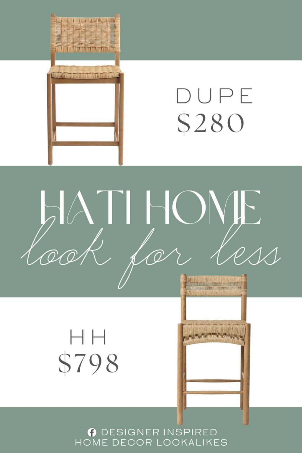 Hati Home Suma Counter Stool Dupe. textured natural rattan is tightly woven in a linear pattern and set within a frame of beech wood with a vintage acorn or black finish.