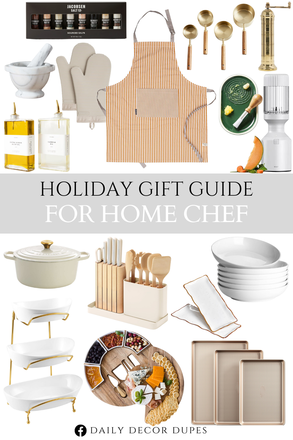 Holiday Gift Guide for Home Chef. Cream Enameled Cast Iron Dutch Oven. Salt Sourced 8 Vial Set. Hydration Blend Blender. Oil Dispenser for Kitchen. 14-Piece Kitchen Prep Set. Charcuterie Cheese Board and Platter Set. Ribbed Soft Silicone Oven Mitt Set. Baking Sheet Pan Set. Adjustable Strap and Waist Ties Reusable Printed Aprons for Baking. 3 Tier Ceramic Fruit Basket with Serving Bowls Metal Stand. European Brass Salt Mill. Acacia Wood and Gold Measuring Cups. French Kitchen Marble Mortar and Pestle. Grate Plate with Brush. Large Serving Platters. Pasta Bowls.