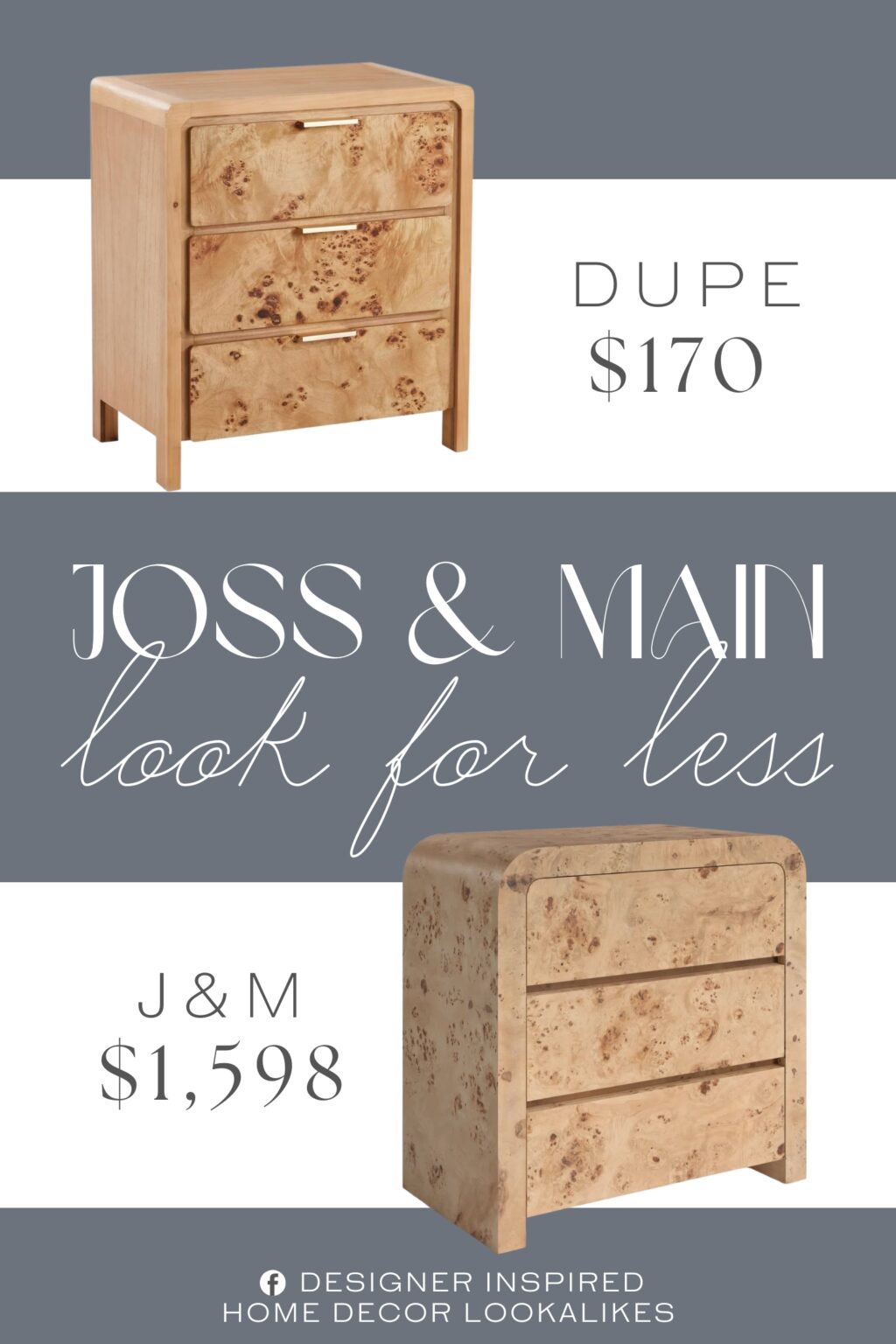 Joss & Main Cassius Burl Wood 3-Drawer Dresser Dupe. 3-Drawer Bedroom Dresser. Wood Accent Chest. Burl Wood Furniture. Bedroom Storage Solutions.