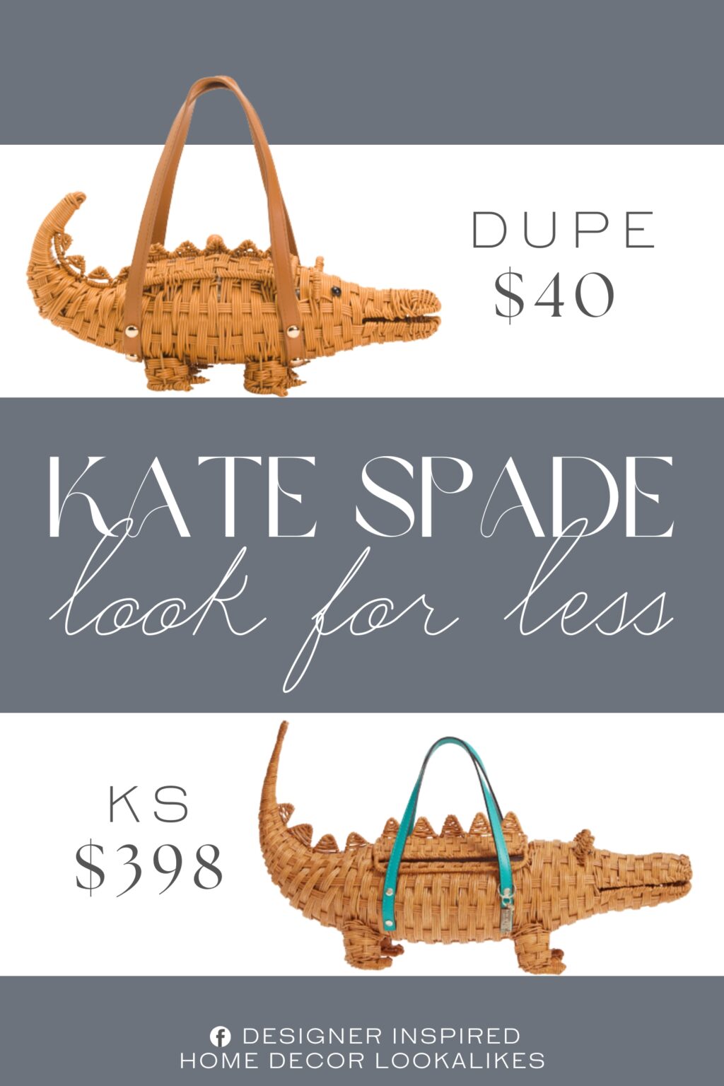 Kate Spade Wicker Alligator Bag Dupe. dual carry handles, gold tone stud accents, figural design. non leather.