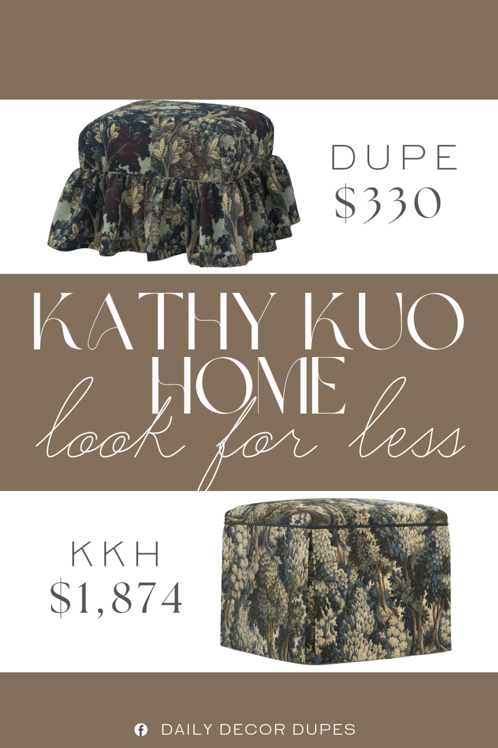Kathy Kuo Home Ariela Forest Weave Skirted Storage Ottoman Dupe. Built with a wooden frame, this ottoman is designed in a square shape with attached cushions and a padded seat to provide comfortable support whether you're using it as extra seating or a footrest.