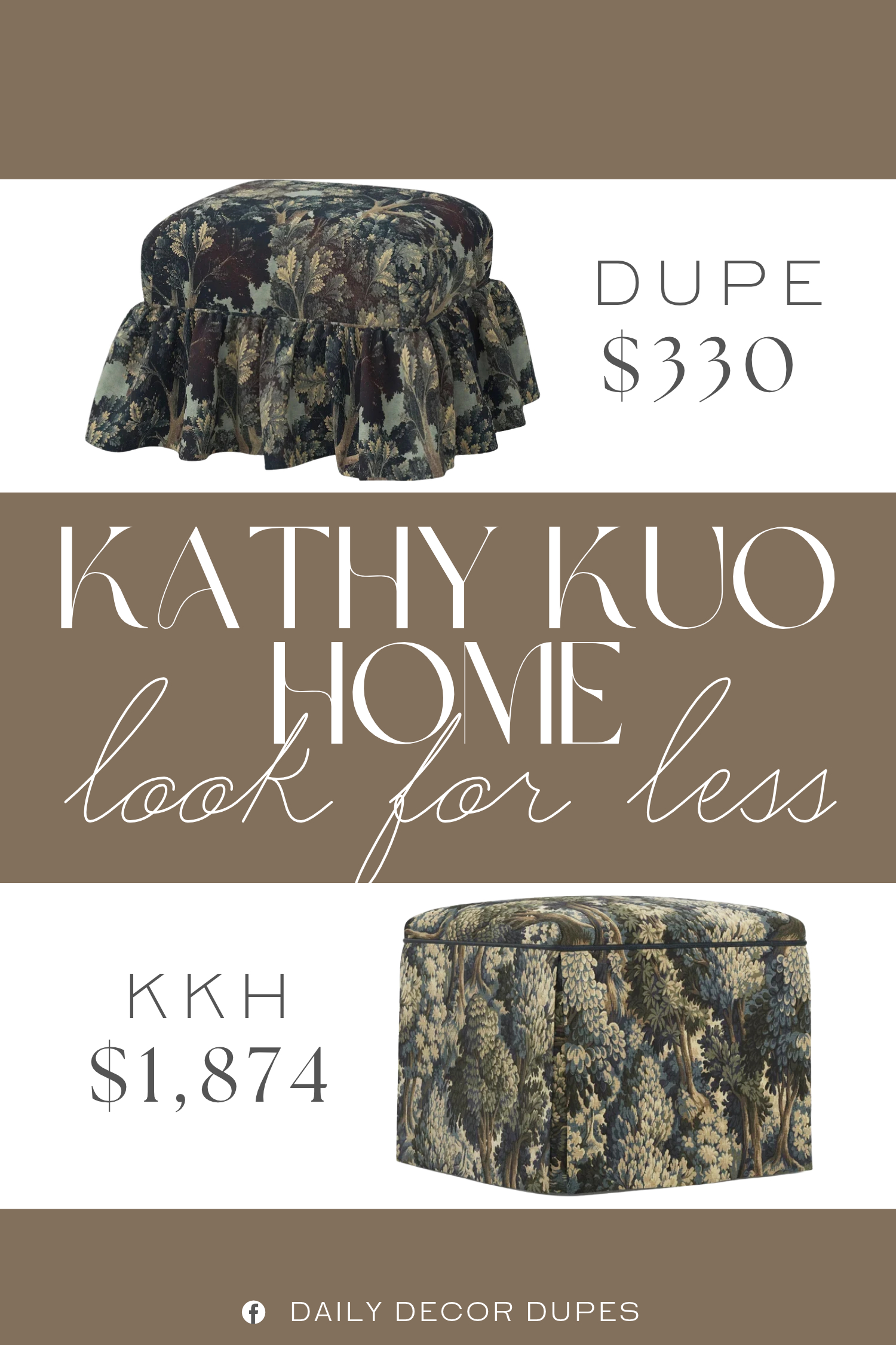 Kathy Kuo Home Ariela Forest Weave Skirted Storage Ottoman Dupe. Built with a wooden frame, this ottoman is designed in a square shape with attached cushions and a padded seat to provide comfortable support whether you're using it as extra seating or a footrest.