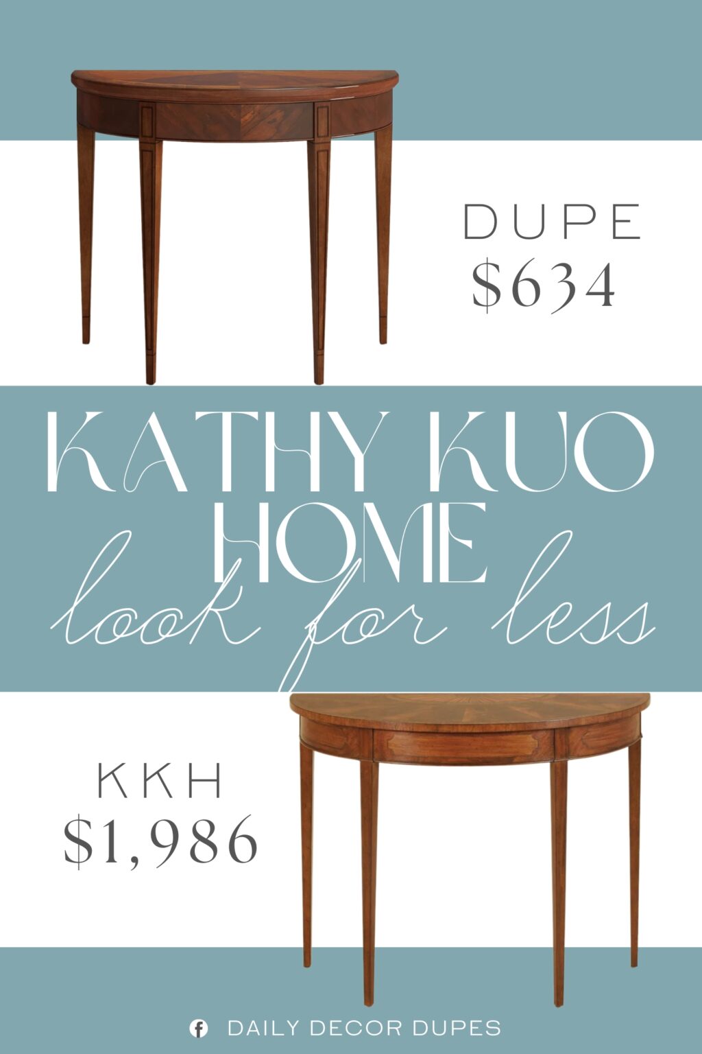 Kathy Kuo Home Briar Wood Demilune Console Table Dupe. It’s crafted with a solid and engineered wood frame, and it features a distressed finish that highlights the woodgrain for added depth.