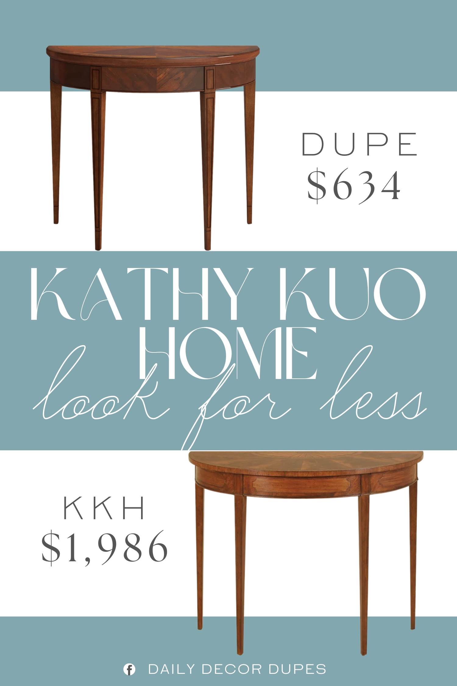 Kathy Kuo Home Briar Wood Demilune Console Table Dupe. It’s crafted with a solid and engineered wood frame, and it features a distressed finish that highlights the woodgrain for added depth.