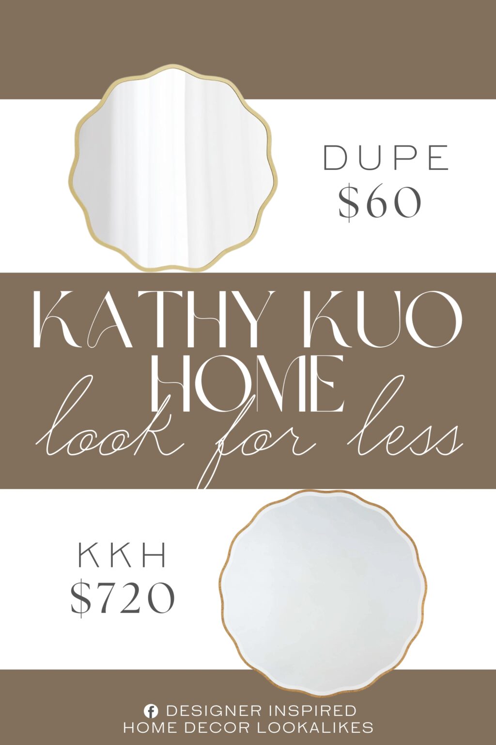 Kathy Kuo Home Candice Hollywood Round Mirror Dupe. The gold wavy mirror features a distinctive wave-shaped edge, creating a captivating visual effect that adds modern glamour and sophistication to any room.