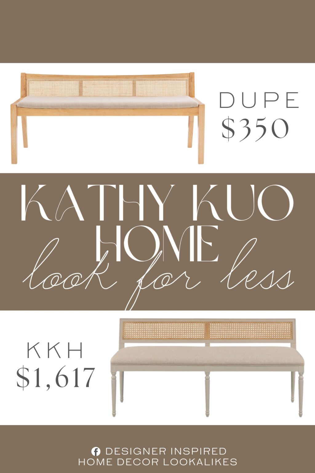 Kathy Kuo Home Colette Woven Cane Dining Bench Dupe. Made of rubberwood, MDF, and plywood frame, rattan cane back, foam padding and 100% polyester upholstery.