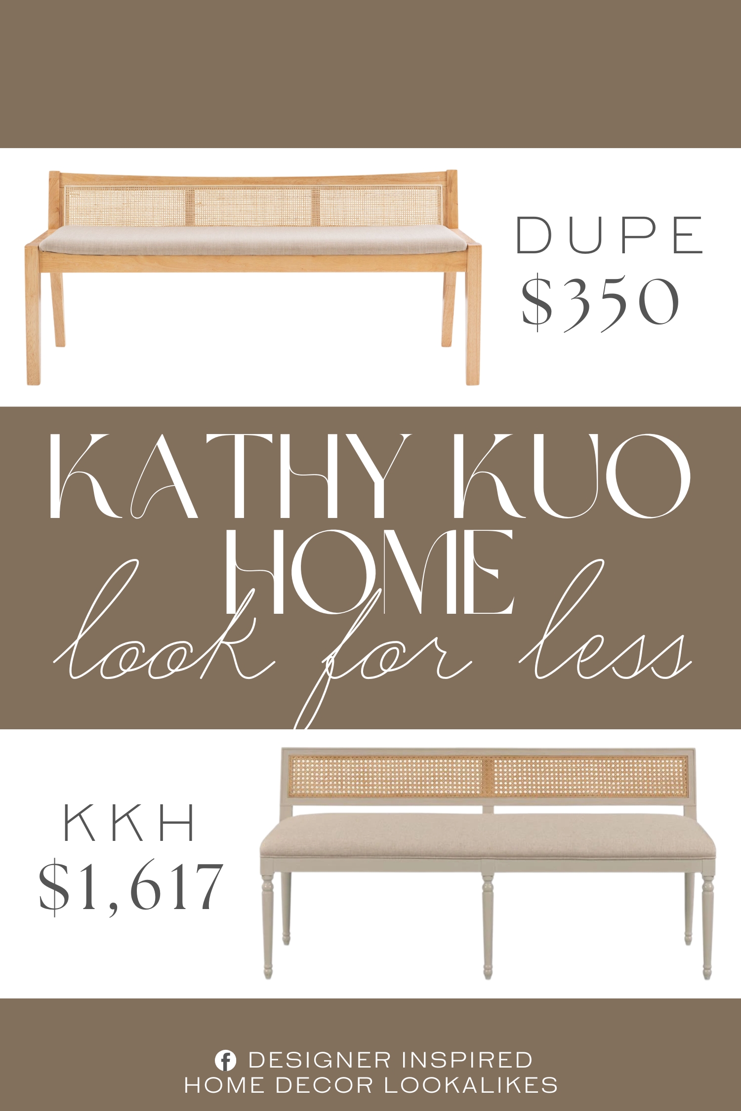 Kathy Kuo Home Colette Woven Cane Dining Bench Dupe. Made of rubberwood, MDF, and plywood frame, rattan cane back, foam padding and 100% polyester upholstery.