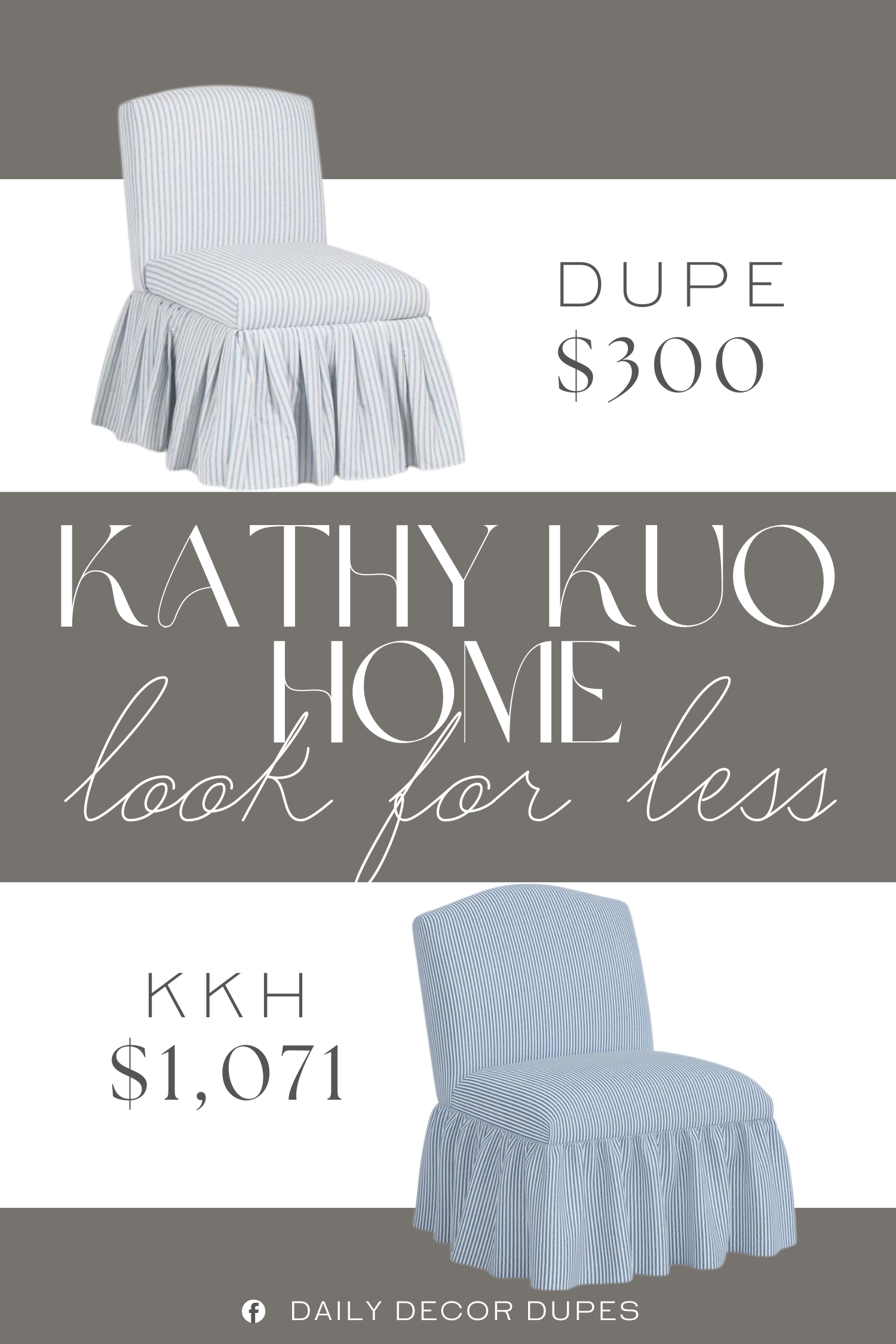 Kathy Kuo Home Dayanna Skirted Slipper Chair Dupe. cushioned seat and back, skirted. striped pattern. filled with polyurethane foam/polyester fiber batting