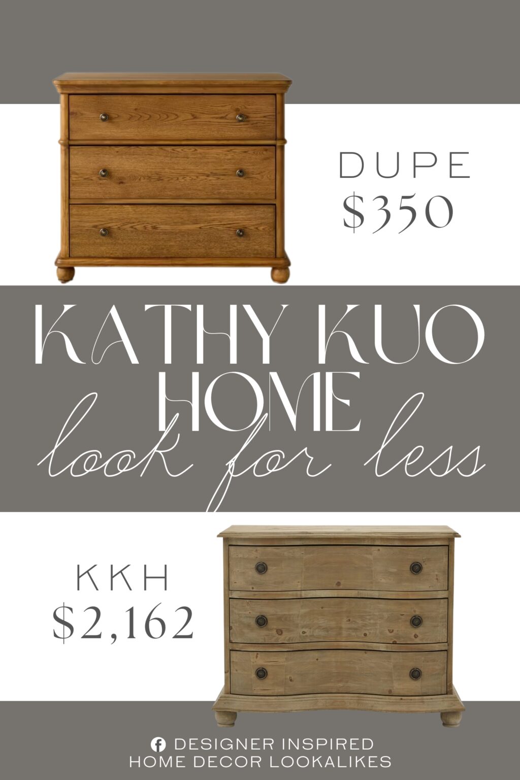 Kathy Kuo Home Indigo Pine Wood 3 Drawer Dresser Dupe. Wood-finish vertical dresser. Rectangular silhouette. 3 drawers with knob pulls. MDF frame.