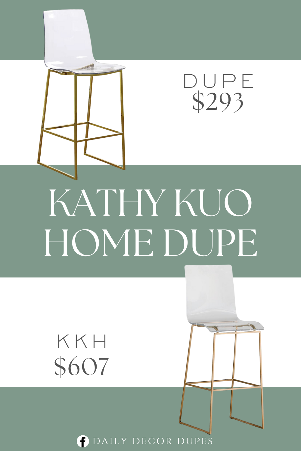 Kathy Kuo Home Modern Clear Acrylic Seat Antique Gold Base Counter Stool Dupe. Acrylic counter height stool. Lucite Polycarbonate Counter Height Stool. Polished Gold Metal Frame. Contemporary Design.