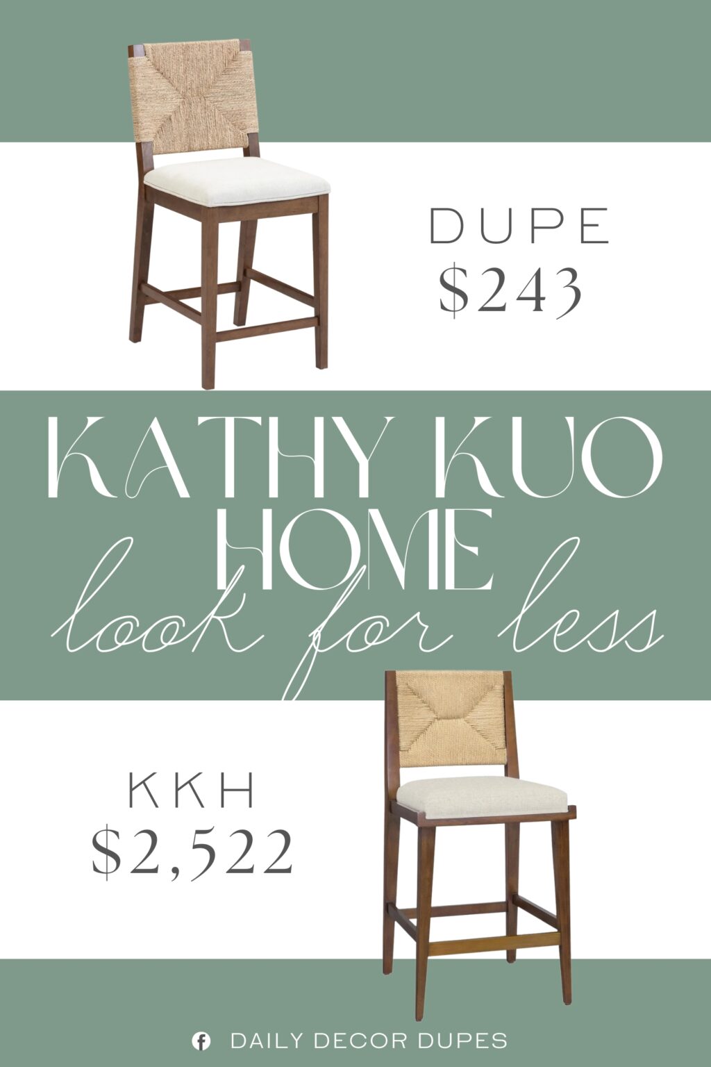Kathy Kuo Home Palecek Upholstered Counter Stool Dupe. Textured boucle fabric seat. Natural woven seagrass backrest. Solid wood frame.