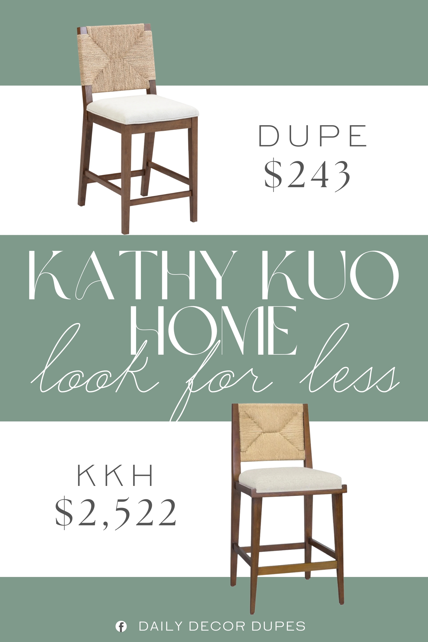 Kathy Kuo Home Palecek Upholstered Counter Stool Dupe. Textured boucle fabric seat. Natural woven seagrass backrest. Solid wood frame.
