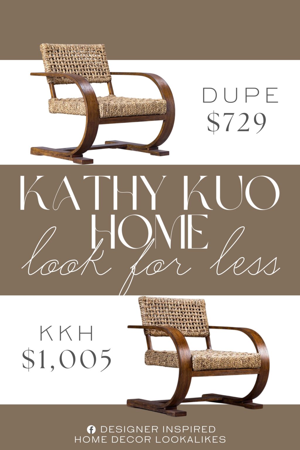 Kathy Kuo Home Ruby Woven Seat Arm Chair Dupe. The seat rests on a curved teakwood frame, which features a rich brown stain that highlights the wood's natural grain variation.