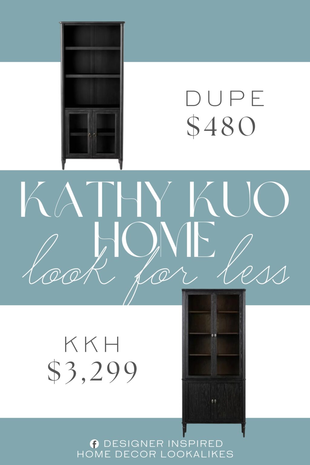 Kathy Kuo Home Tacorey Rustic Wood Display Cabinet Dupe. Made from MDF with a wood frame in black, this cabinet features three shelves plus two glass doors with brass-finish metal handles.