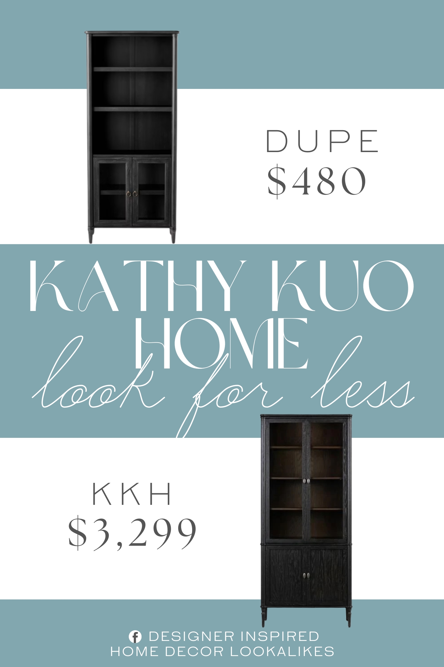 Kathy Kuo Home Tacorey Rustic Wood Display Cabinet Dupe. Made from MDF with a wood frame in black, this cabinet features three shelves plus two glass doors with brass-finish metal handles.