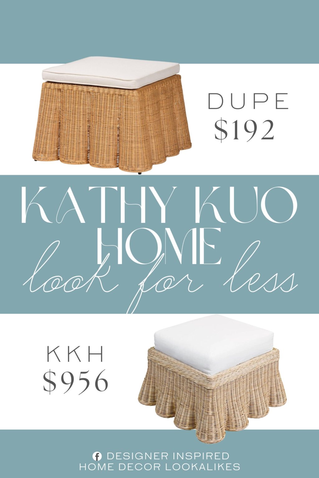 Kathy Kuo Home Terese Handwoven Rattan Square Ottoman. Fully assembled Bohemian ottoman constructed from natural rattan, metal, and engineered wood.