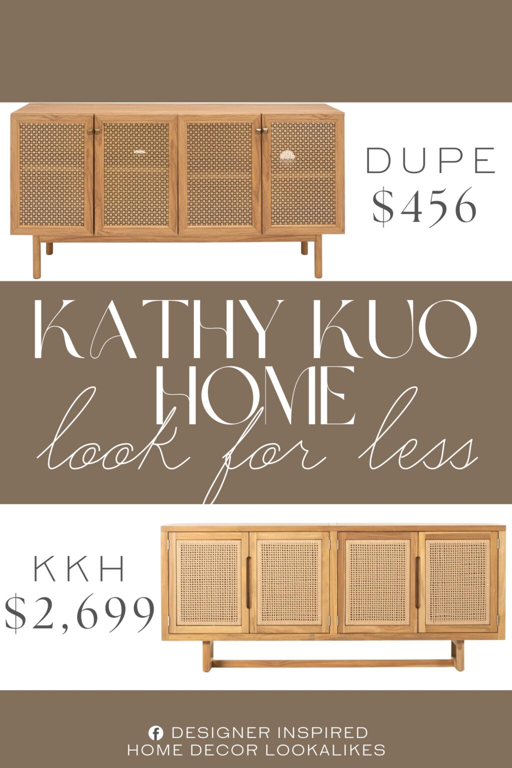 Kathy Kuo Tropica Coastal Beach Faux Rattan Sideboard Dupe. It features four oak-finished doors with gold latticed mesh, creating a stylish aesthetic that enhances any entertainment space. The two shelves provide ample storage space for organizing your media accessories and other belongings.