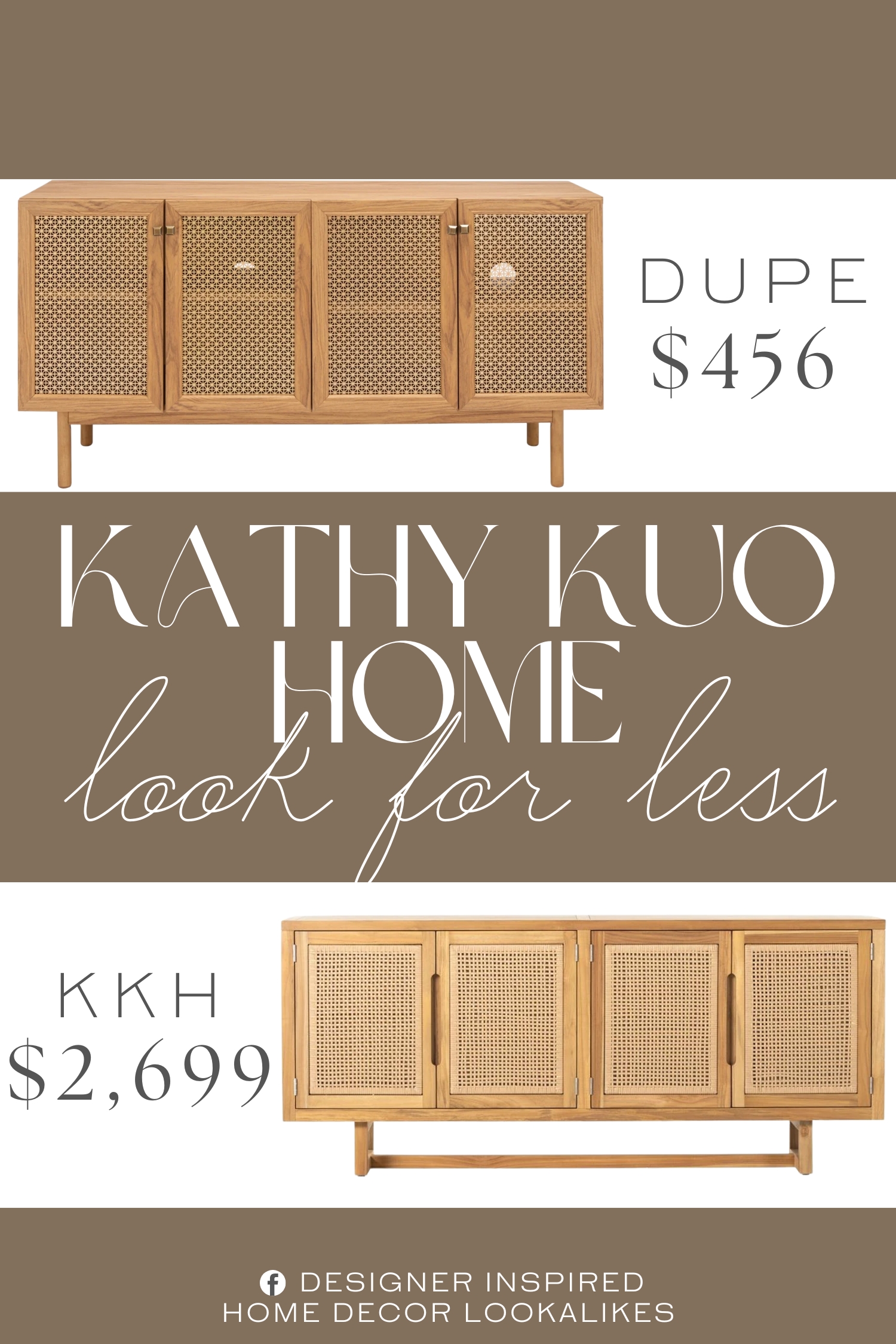 Kathy Kuo Tropica Coastal Beach Faux Rattan Sideboard Dupe. It features four oak-finished doors with gold latticed mesh, creating a stylish aesthetic that enhances any entertainment space. The two shelves provide ample storage space for organizing your media accessories and other belongings.