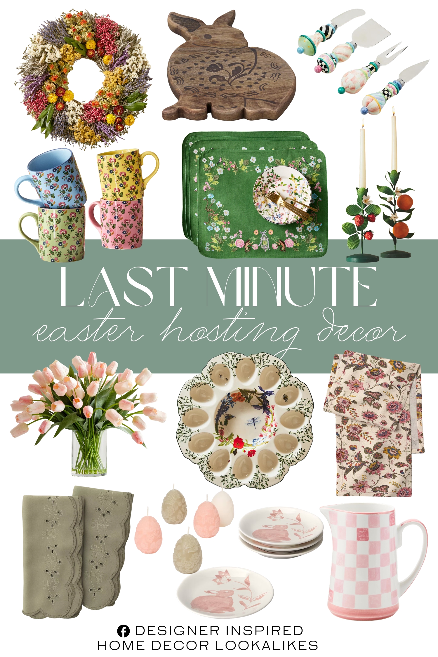 Last Minute Easter Hosting Decor. Set of 4 Cheese Spreader Set. Fruit Metal Candle Holder. Cynthia Rowley Midsummer Night's Dream Placemats. Faux Composed Tulip Arrangement. Farmers' Market Herb Live Wreath & Garland. Floral Table Runner. Eden Deviled Egg Platter. Easter Stoneware Aralia Appetizer Plates. Botanical Bunny Stoneware Mugs. Easter Figural Sitting Bunny Serve Board. Stoneware Pitcher with Spout. Eyelet Dinner Napkins. 6pc Easter Egg Figural Tealight Candle Set.