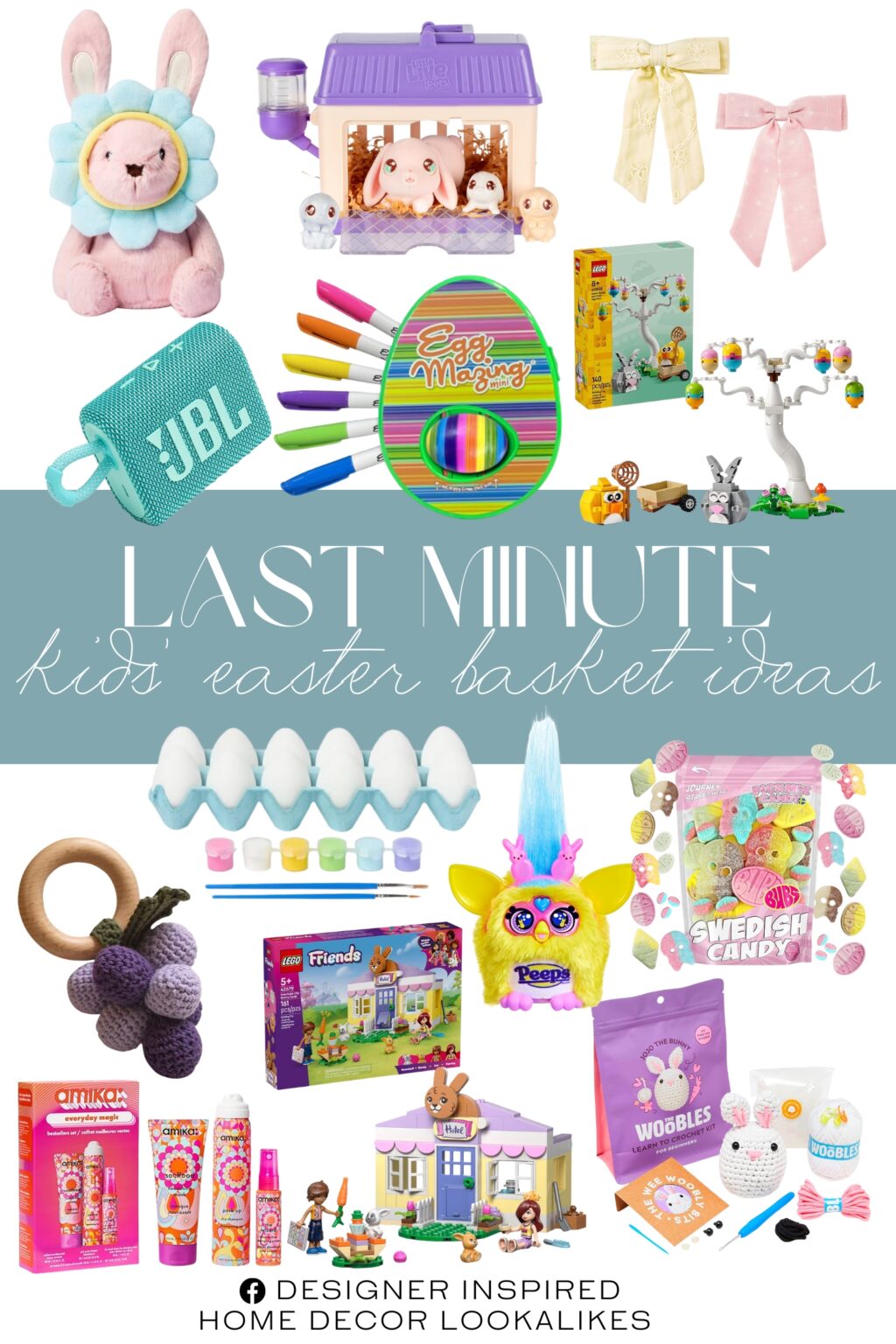 Last Minute Kids' Easter Basket Ideas. Bonnet Bunny Flower Stuffed Animal. Little Live Pets Bunny Mini Interactive Live Pet Toy Set. The Woobles Crochet Kit. LEGO Friends Heartlake City Bunny Hotel Building Toy. JBL Go 3 - Portable Mini Bluetooth Speaker. Easter Craft 12ct Egg Painting Activity Kit. 2pk Floral and Polka Dots Bow Barrette Set. LEGO Easter Bunny and Chick Egg Hunt Building Toy. Wooden Baby Rattle Toys Stuffed Crochet Rattle with Teether Ring. amika everyday magic bestsellers set. Furby Furblets Peeps. EggMazing Easter Egg Mini Decorator Kit Arts and Crafts Set.