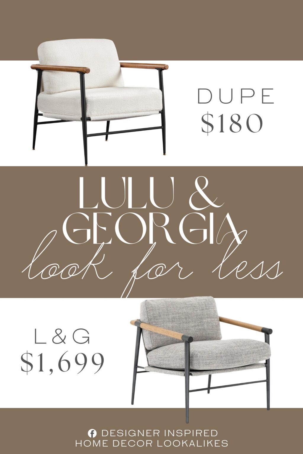 Lulu & Georgia Anevy Accent Chair Dupe. It is made from soft and durable materials, including rubberwood, foam, metal, and polyester boucle fabric.