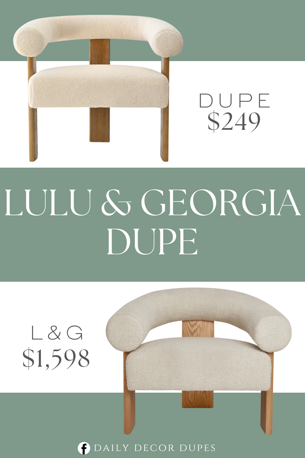 Lulu & Georgia Celeste Accent Chair Dupe. It features a curved back, sloping armrests, and an open base, mirroring the design elements of the accent chair. The exposed oak frame and exposed wood legs provide a beautiful contrast to the tactile boucle upholstery, adding visual interest to the overall aesthetic.