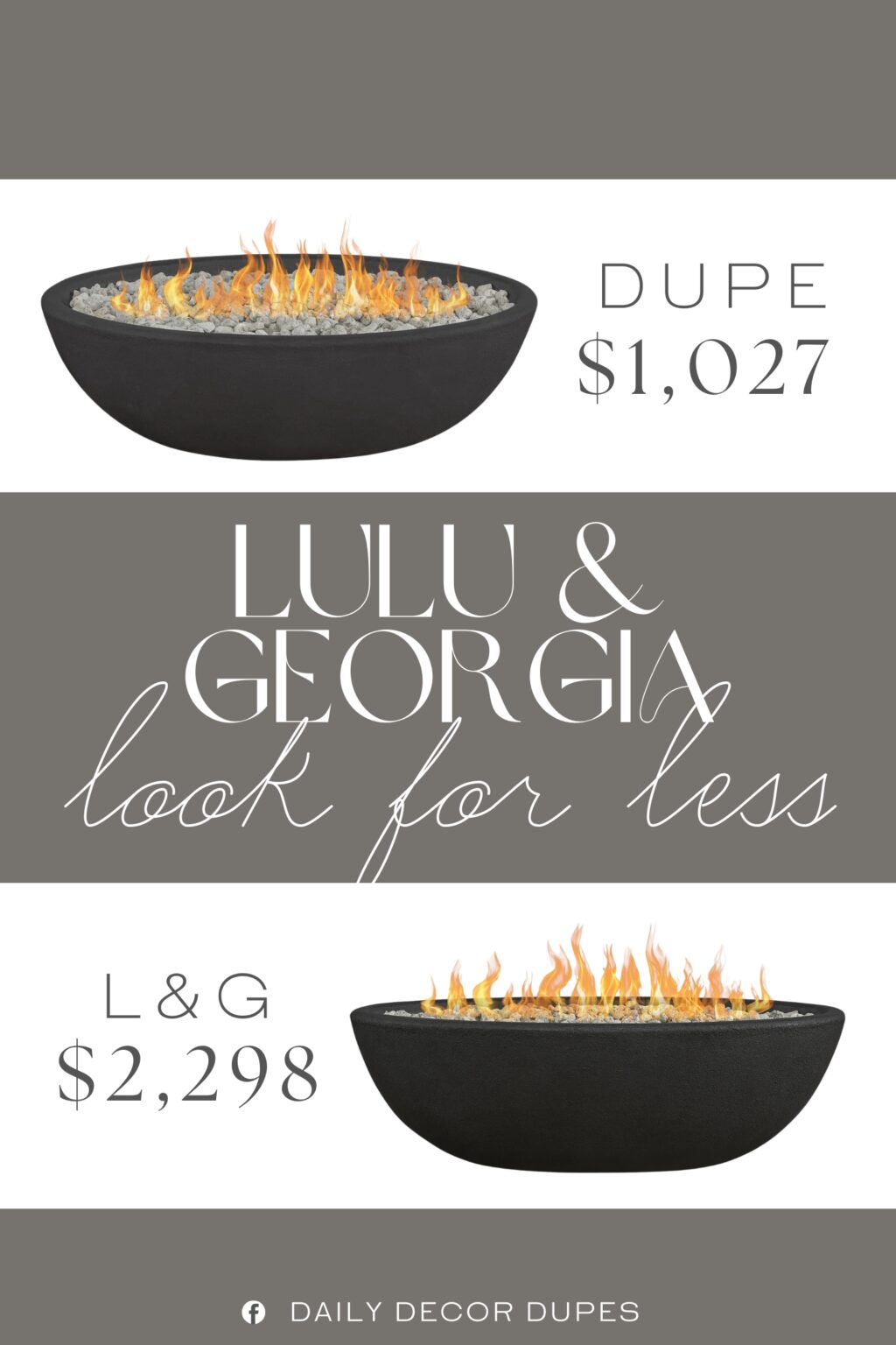 Lulu & Georgia Fernanda Fire Bowl Dupe. It's crafted from concrete with a stainless steel burner, providing a textured finish that stands up to the elements with UV, weather, and rust resistance.