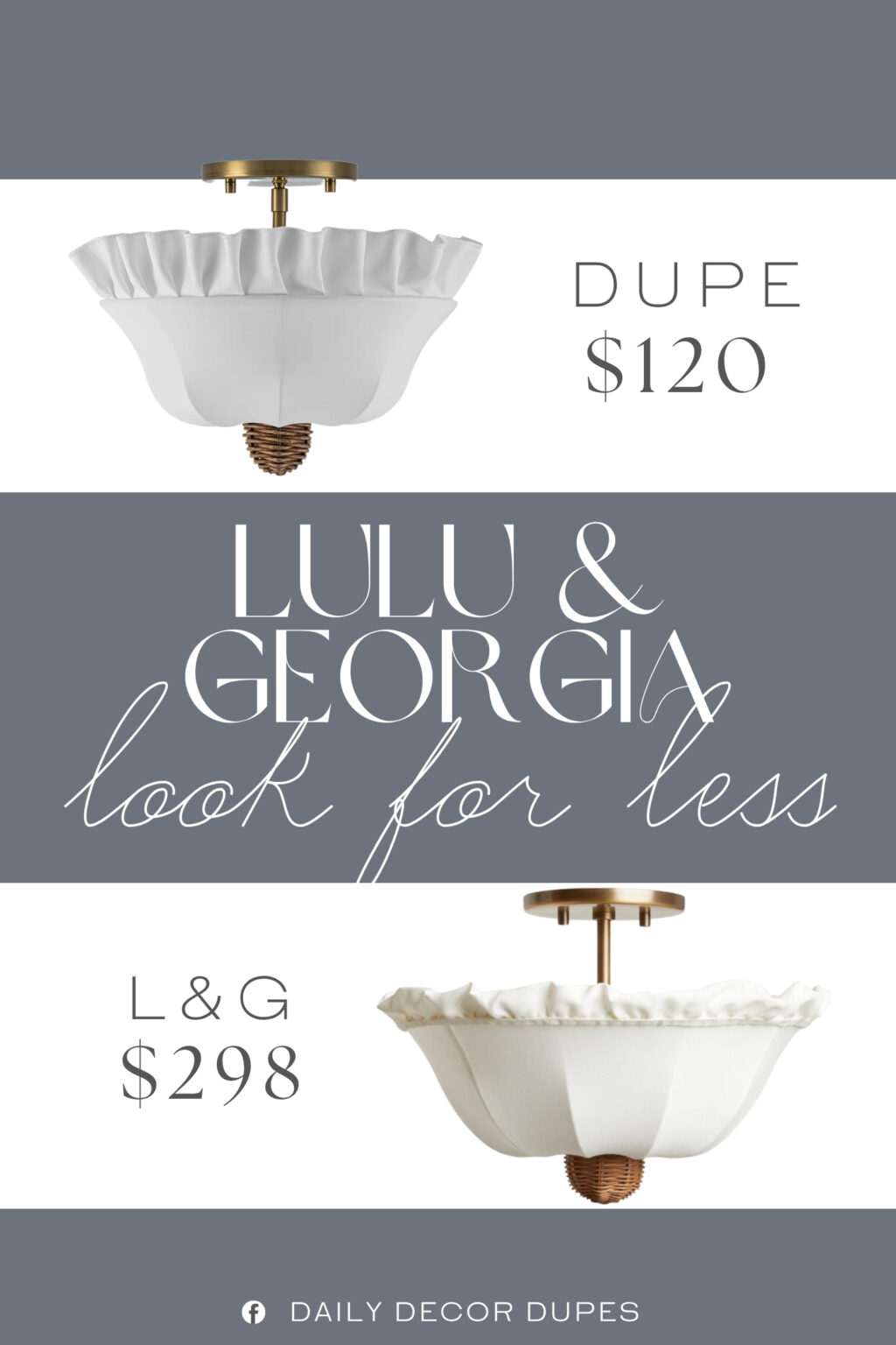 Lulu & Georgia Helmi Flush Mount Light Dupe. This french-country light fixture drapes a milk-white fabric shade with a delicate pleated ruffle along the top edge, like the vintage parasol catching warm candlelight. The brass finish elevates the elegant look, while the rattan-style pinecone finial adds a small but noticeable dose of whimsy