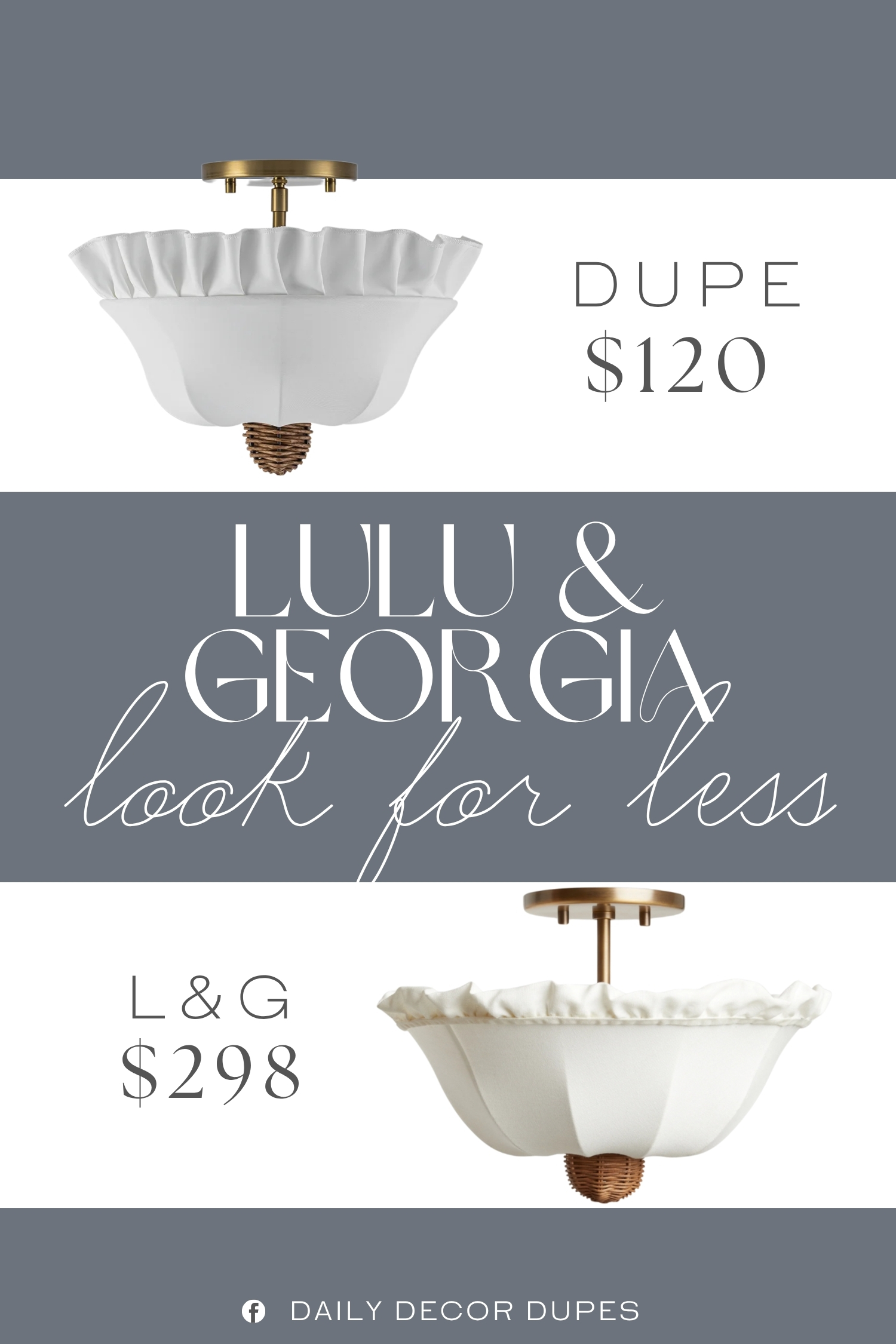 Lulu & Georgia Helmi Flush Mount Light Dupe. This french-country light fixture drapes a milk-white fabric shade with a delicate pleated ruffle along the top edge, like the vintage parasol catching warm candlelight. The brass finish elevates the elegant look, while the rattan-style pinecone finial adds a small but noticeable dose of whimsy