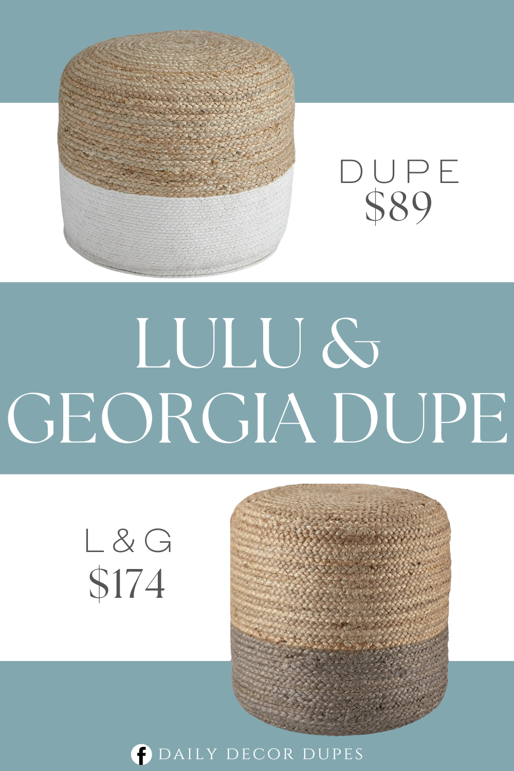 Lulu & Georgia Nani Jute Pouf Seat Dupe. Jute/cotton blend cover. Dense polystyrene bead filling is super supportive and holds its shape. INSTANT STYLE: Add a plush pouf and poof, you've instantly transformed your space.