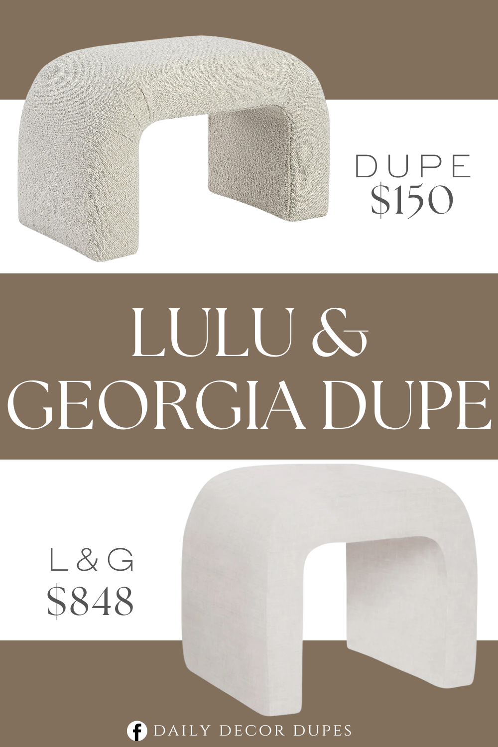 Lulu & Georgia Tate Stool Dupe. Rich Cream Boucle Fabric. Curved Contemporary Design. Boucle Fabric, wood, foam. Fabric frame material. Contemporary style.