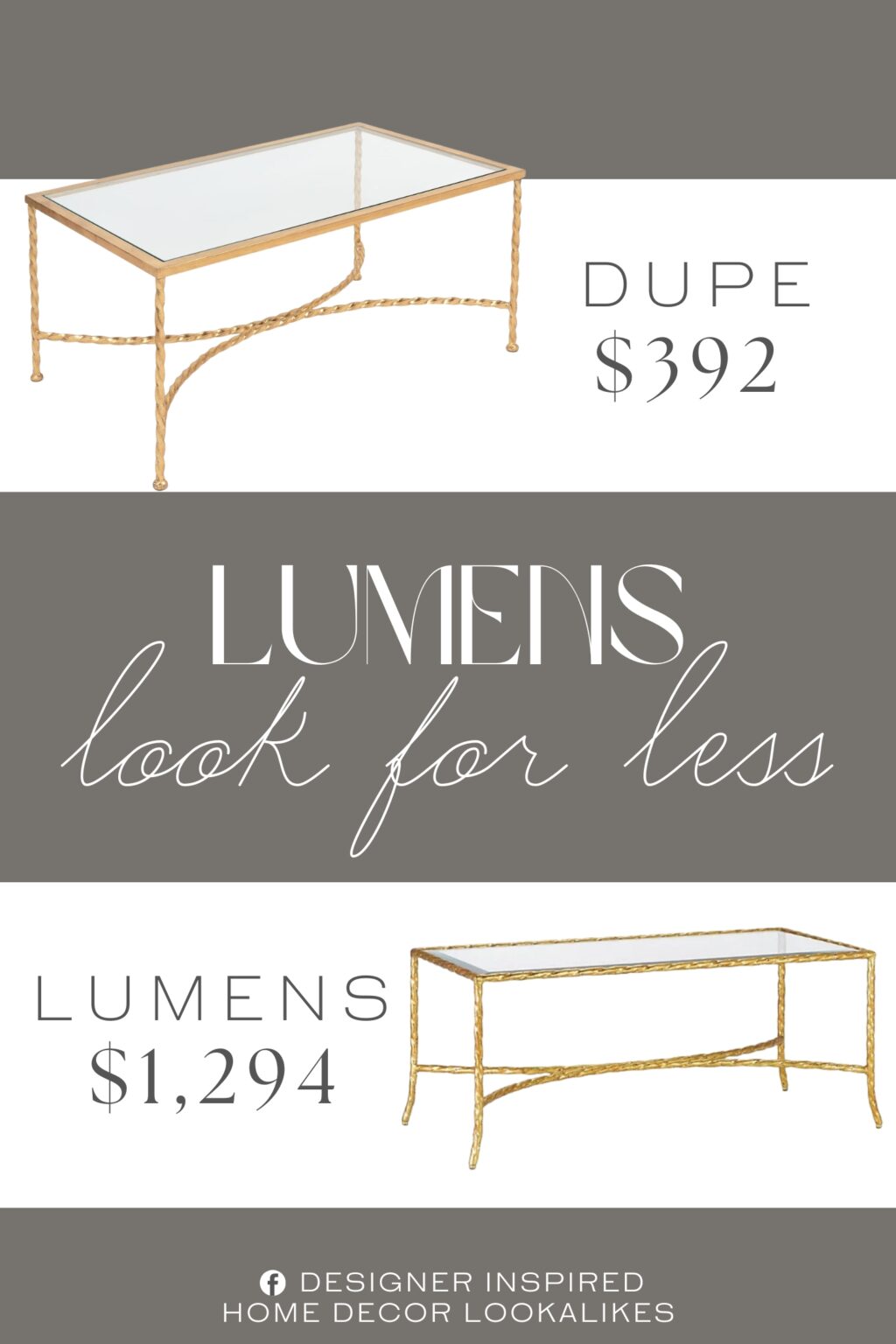 Lumens Gilt Twist Bronze Cocktail Table Dupe. This Coffee table features a Gold Leaf Finish. Crafted of iron and tempered Glass.