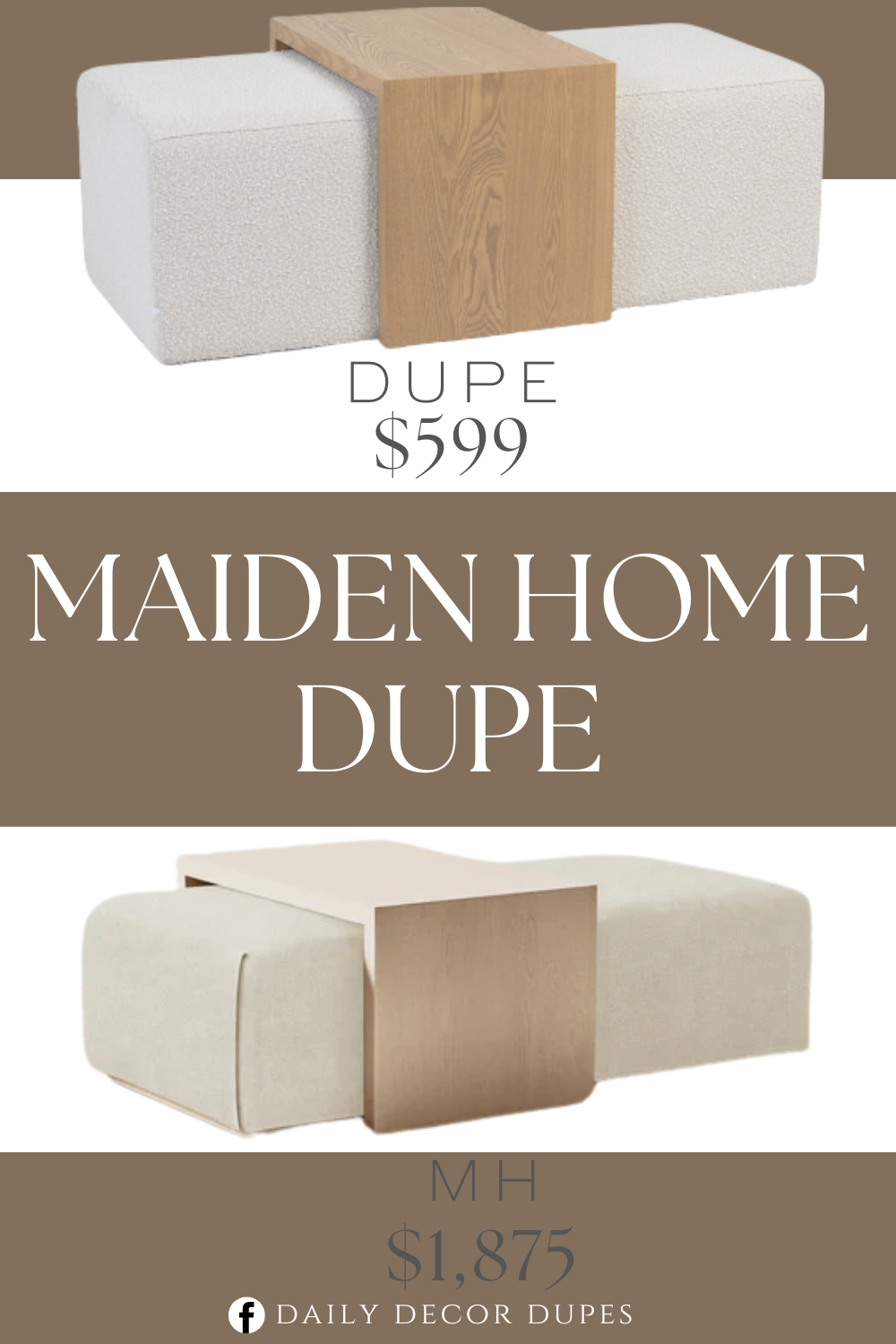 Maiden Home Bowery Ottoman Dupe. Modern design, movable wooden accent, textured finish. Filled with polyurethane foam. Product dimension24in W x 18in H x 53in L.