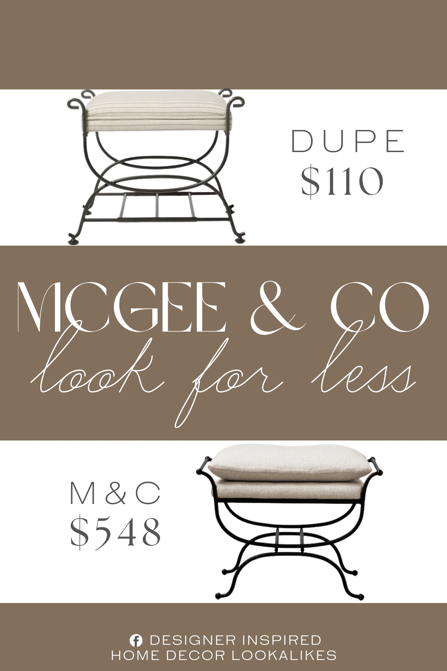 McGee & Co Alameda Stool Dupe. This upholstered ottoman features a dark metal frame with scrolling accents for decorative appeal and brings refined style to your living room or entryway.