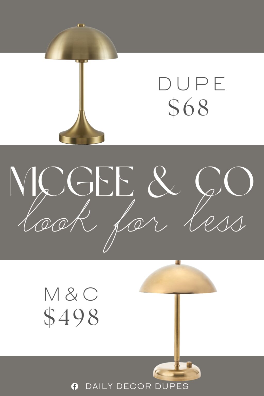 McGee & Co Aldorno Cordless Lamp Dupe. Features a sturdy round base for stability. Brass table lamp with a dome-shaped shade and tulip-shaped base.