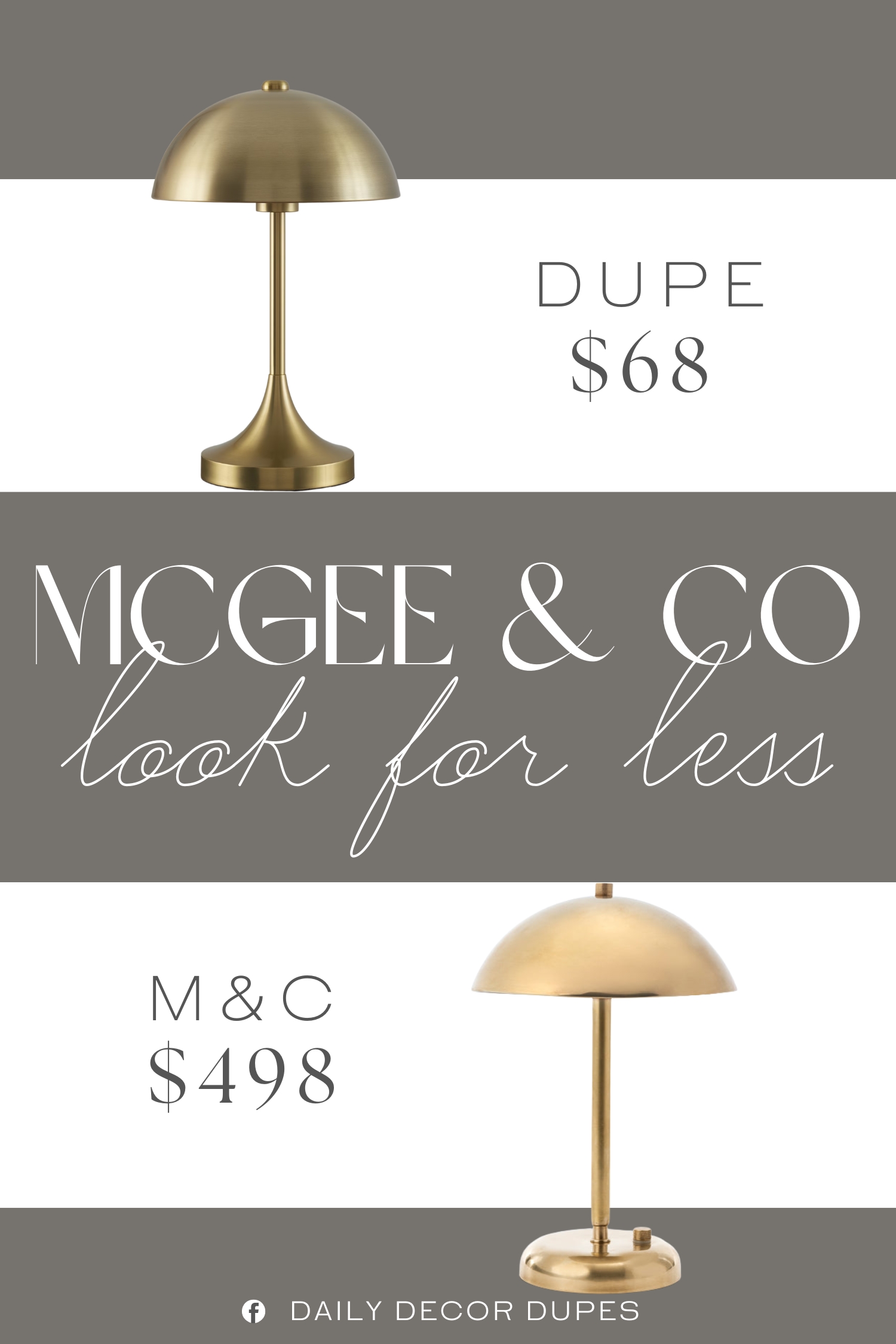 McGee & Co Aldorno Cordless Lamp Dupe. Features a sturdy round base for stability. Brass table lamp with a dome-shaped shade and tulip-shaped base.