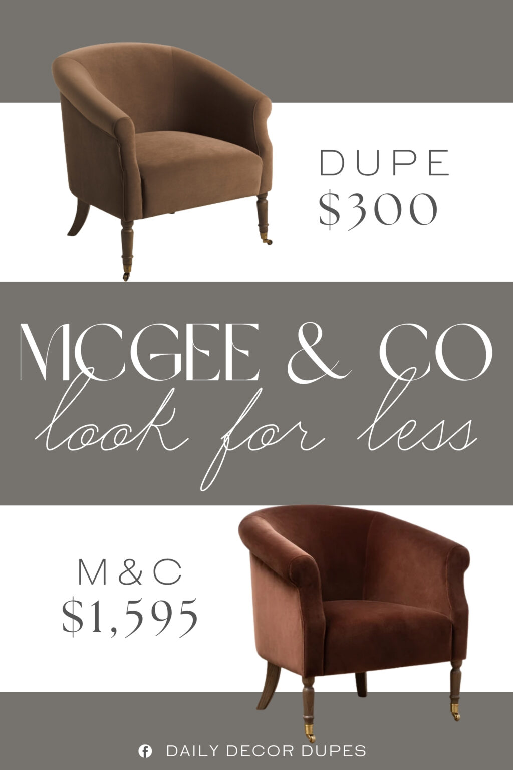 McGee & Co Clemence Lounge Chair. 2 front caster wheels, wood legs, cushioned back and seat, curved design. club style.