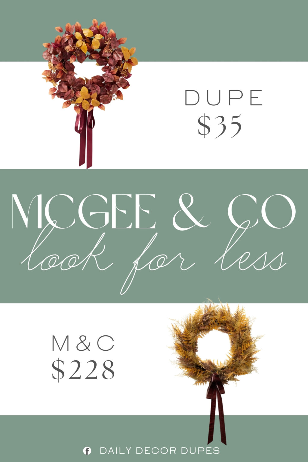 McGee & Co Faux Golden Fern Wreath Dupe. Designed in a circular shape, this polyester wreath features a mixed fall leaf design in red and yellow hues with a red ribbon style. It can be easily hung above the mantel, on the front door or on any wall to give your home a warm,