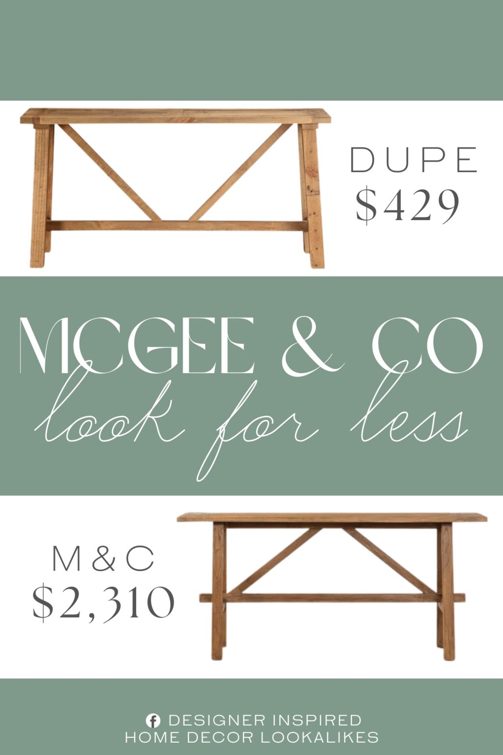 McGee & Co Hampstead Console Table Dupe. Solid pine wood frame features purposeful scoring and rub-through. Reclaimed wood planks include wood knots for authentic character.