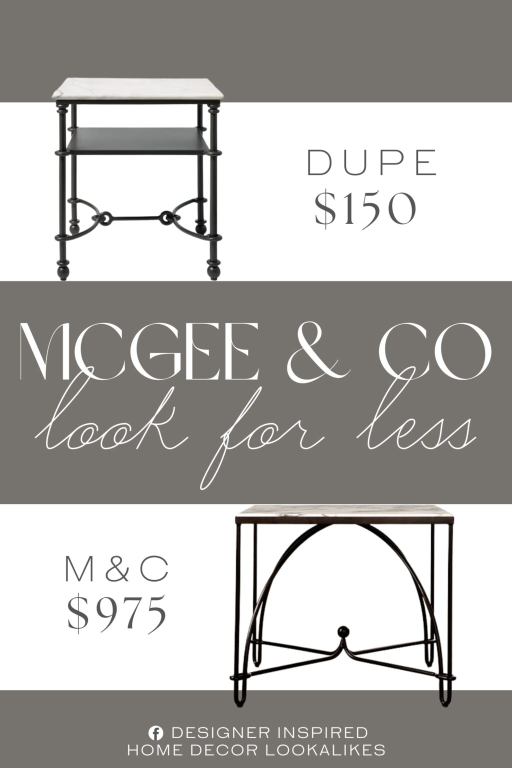 McGee & Co Hewitt Side Table Dupe. This accent table features a dark bronze metal frame with a white marble tabletop and a lower metal shelf for chic display and storage.