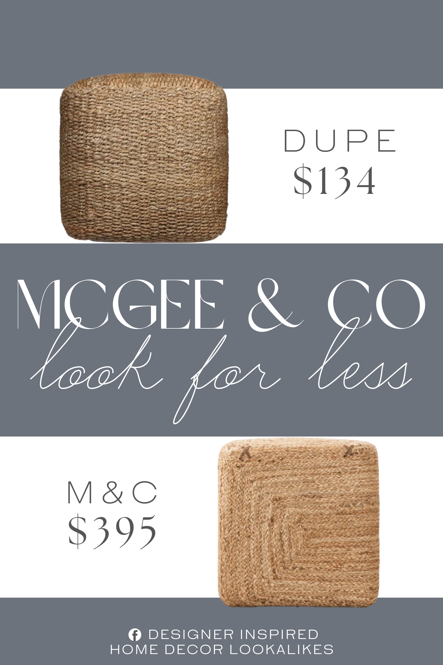 McGee & Co Kelvin Woven Ottoman Dupe. Handmade by skilled artisans. Crafted with textural jute for a natural casual, earthy and bohemian style.